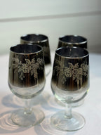 1970s Mid Century/Retro Vintage Floral Etched Queen Lusterware Silver Fade Ombre Cocktail Set - Set of 12 - Made in France