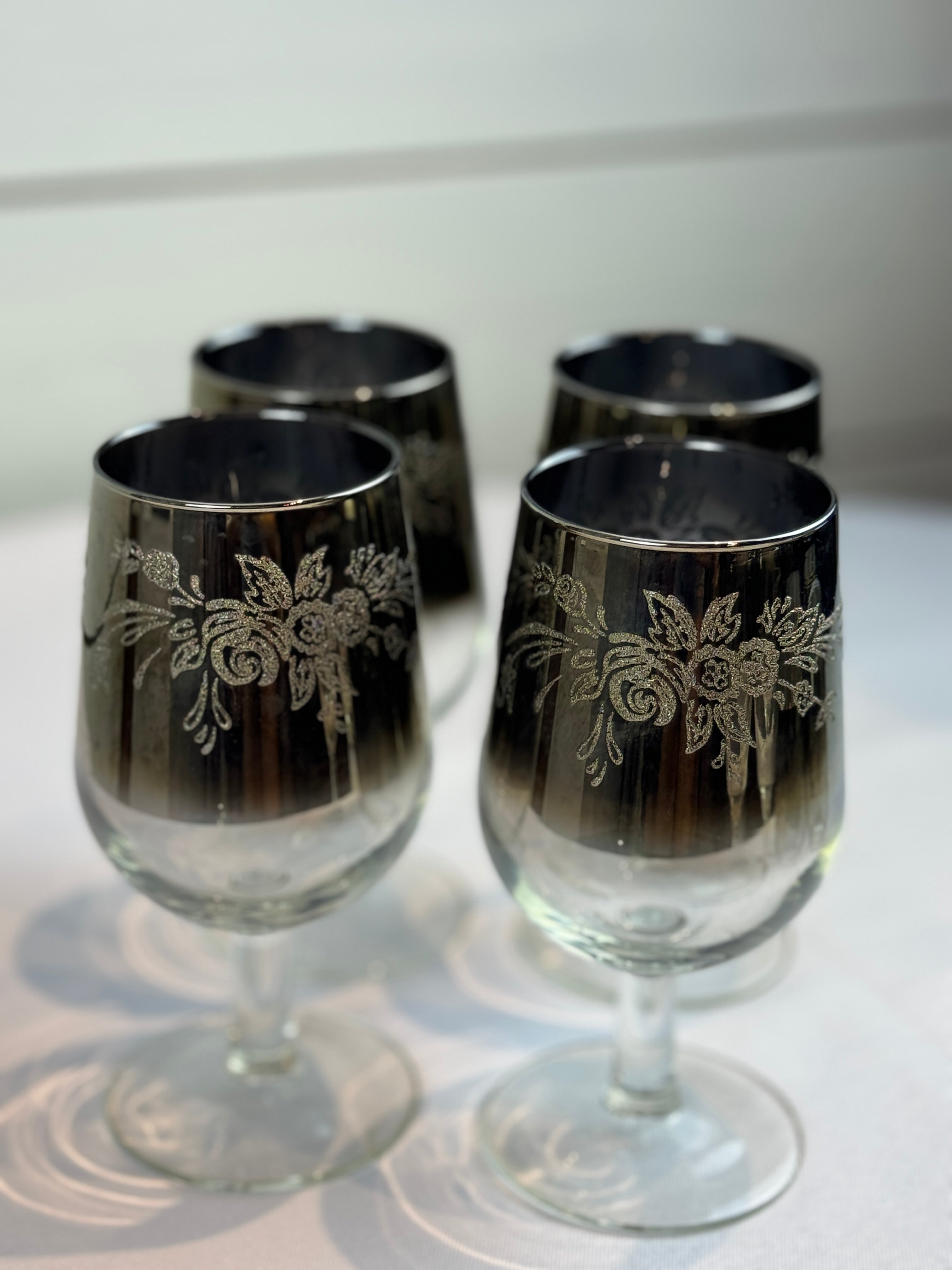 1970s Mid Century/Retro Vintage Floral Etched Queen Lusterware Silver Fade Ombre Cocktail Set - Set of 12 - Made in France