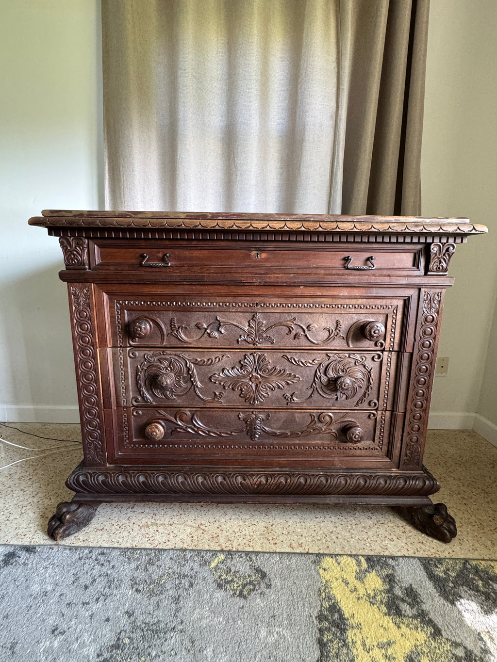 Antique Carved Italian Walnut Clawfoot Chest of Drawers with Marble Top