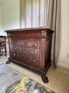 Antique Carved Italian Walnut Clawfoot Chest of Drawers with Marble Top