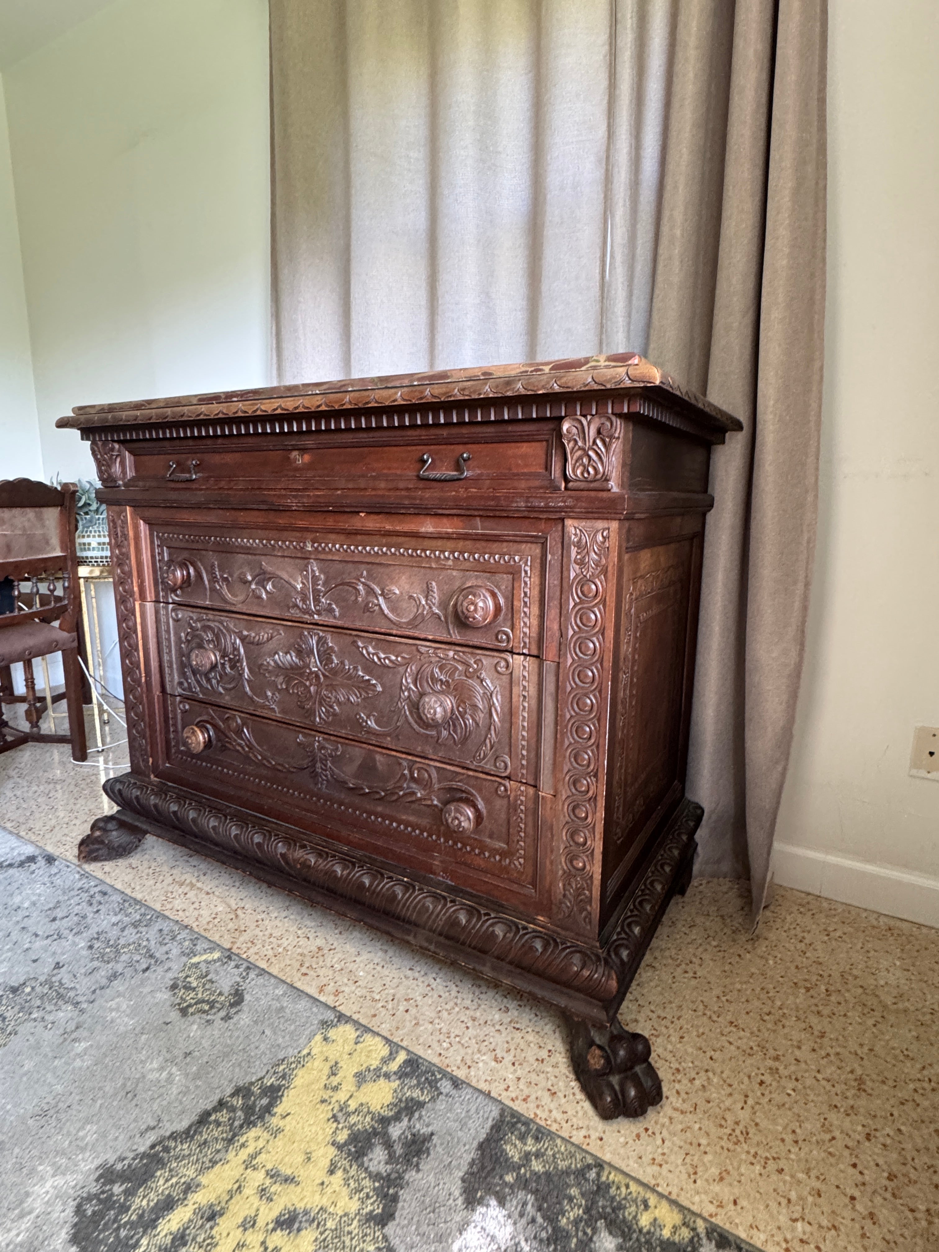 Antique Carved Italian Walnut Clawfoot Chest of Drawers with Marble Top