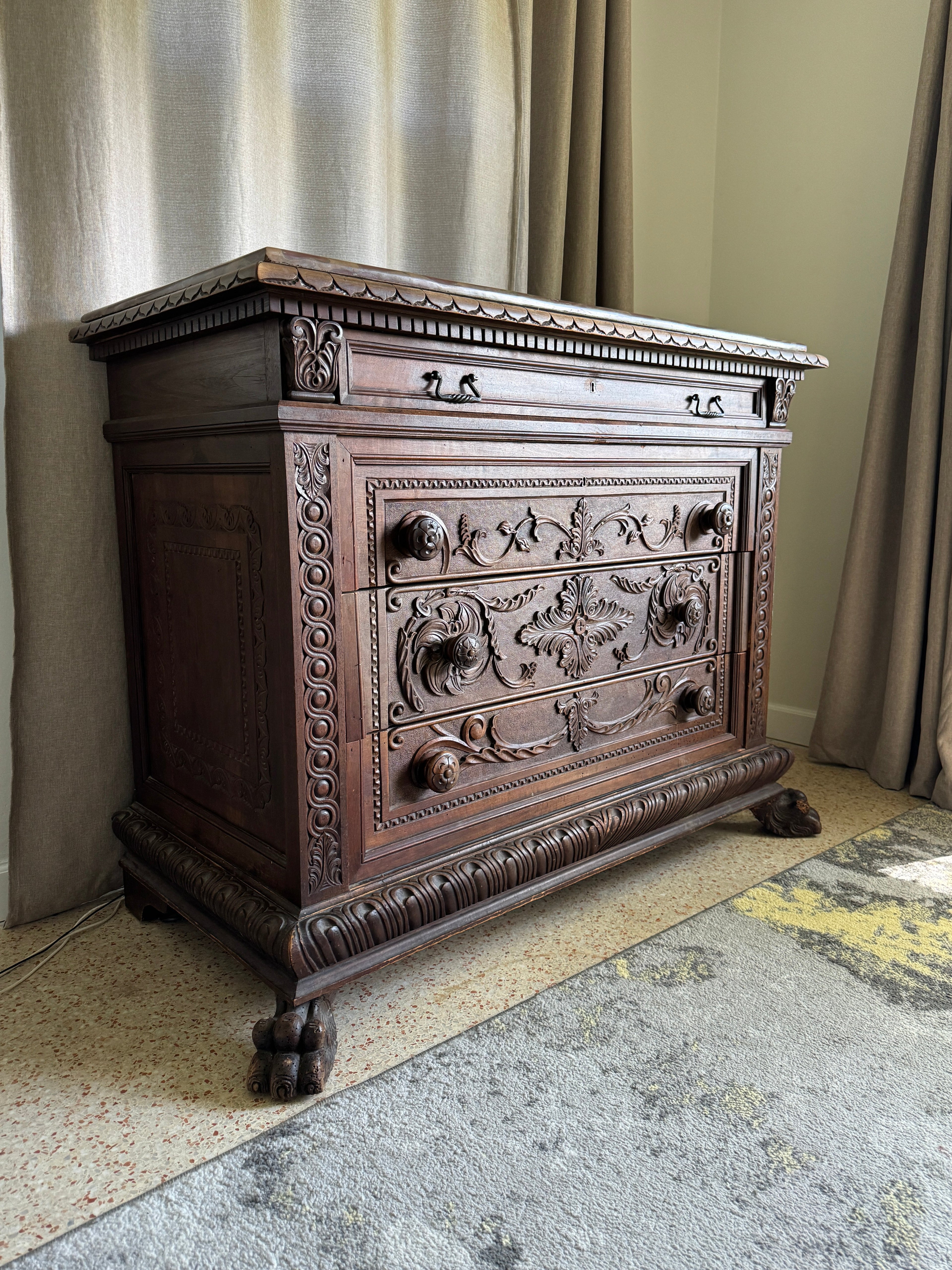 Antique Carved Italian Walnut Clawfoot Chest of Drawers with Marble Top