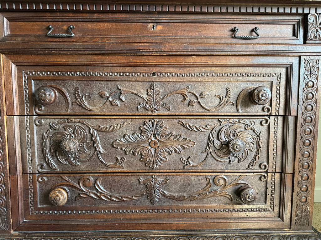 Antique Carved Italian Walnut Clawfoot Chest of Drawers with Marble Top