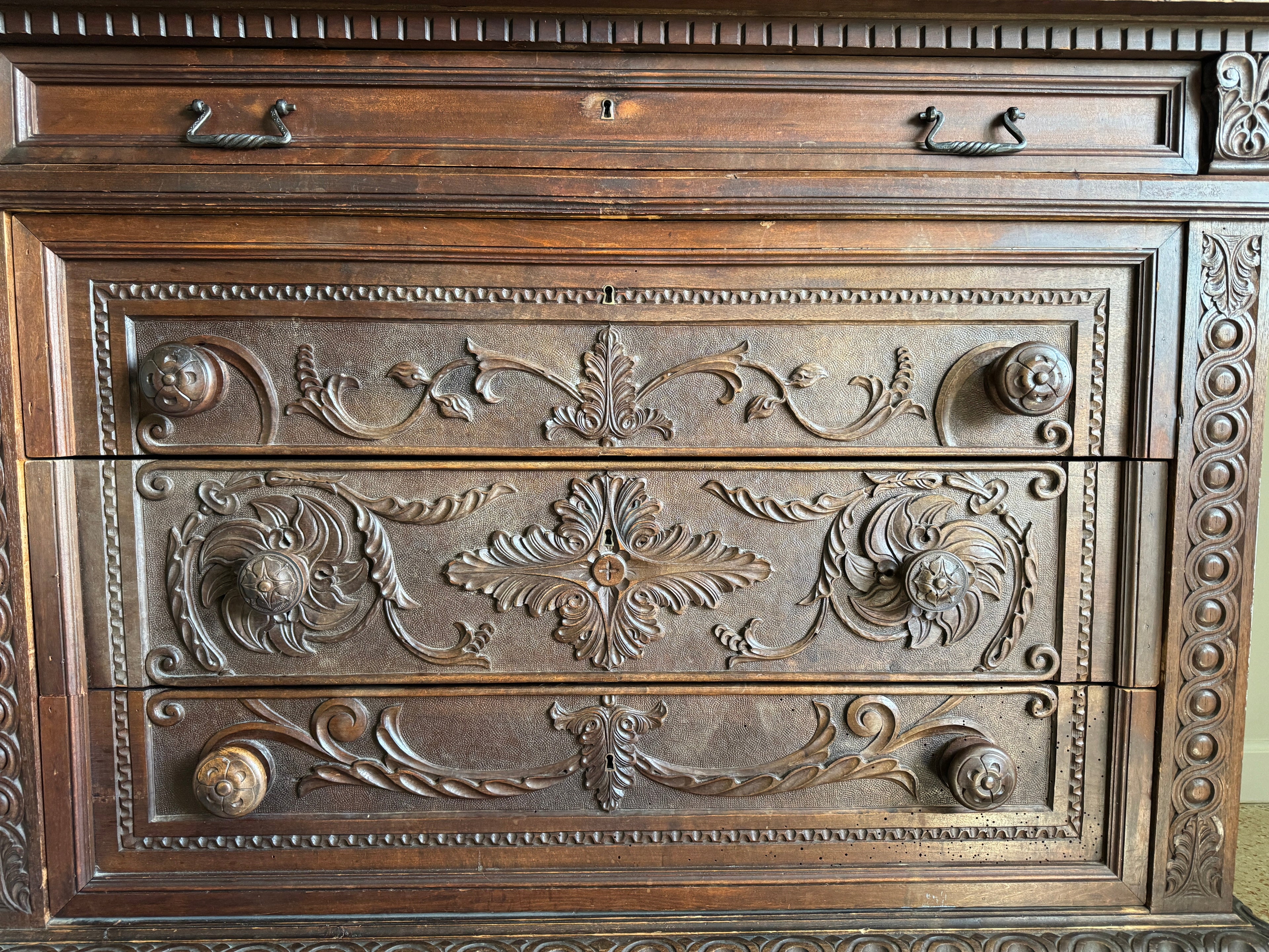 Antique Carved Italian Walnut Clawfoot Chest of Drawers with Marble Top