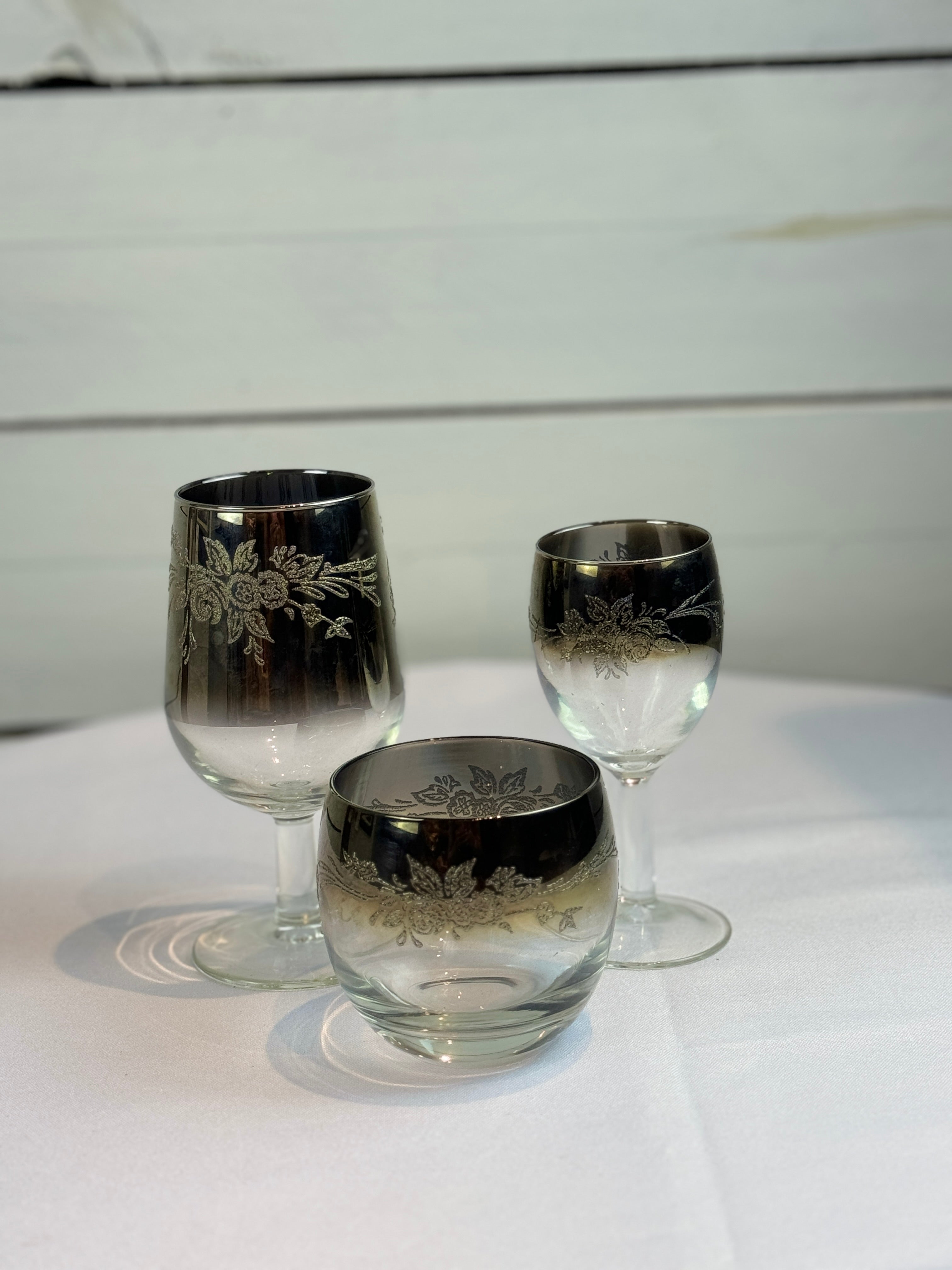 1970s Mid Century/Retro Vintage Floral Etched Queen Lusterware Silver Fade Ombre Cocktail Set - Set of 12 - Made in France