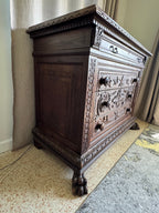 Antique Carved Italian Walnut Clawfoot Chest of Drawers with Marble Top