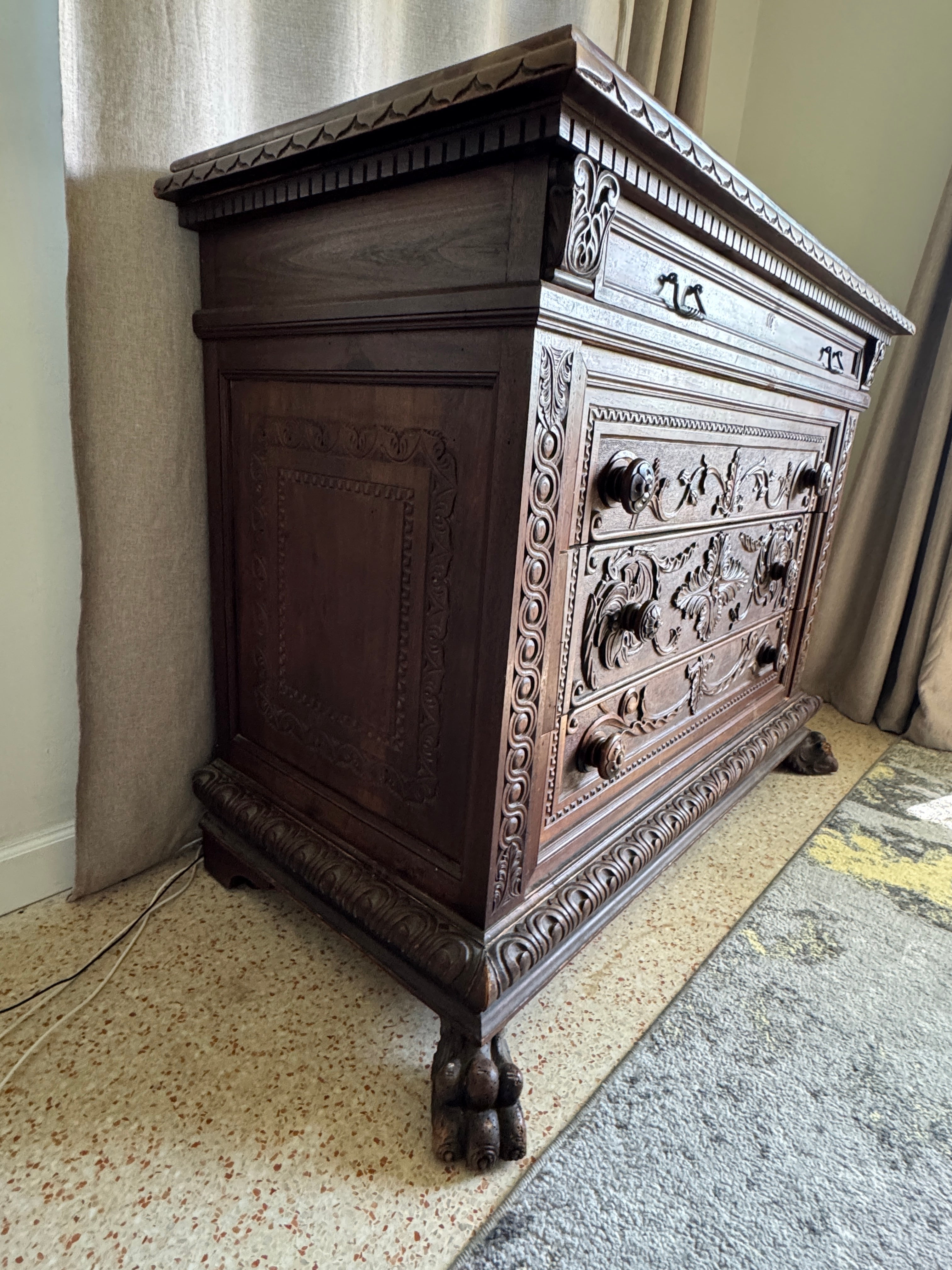 Antique Carved Italian Walnut Clawfoot Chest of Drawers with Marble Top