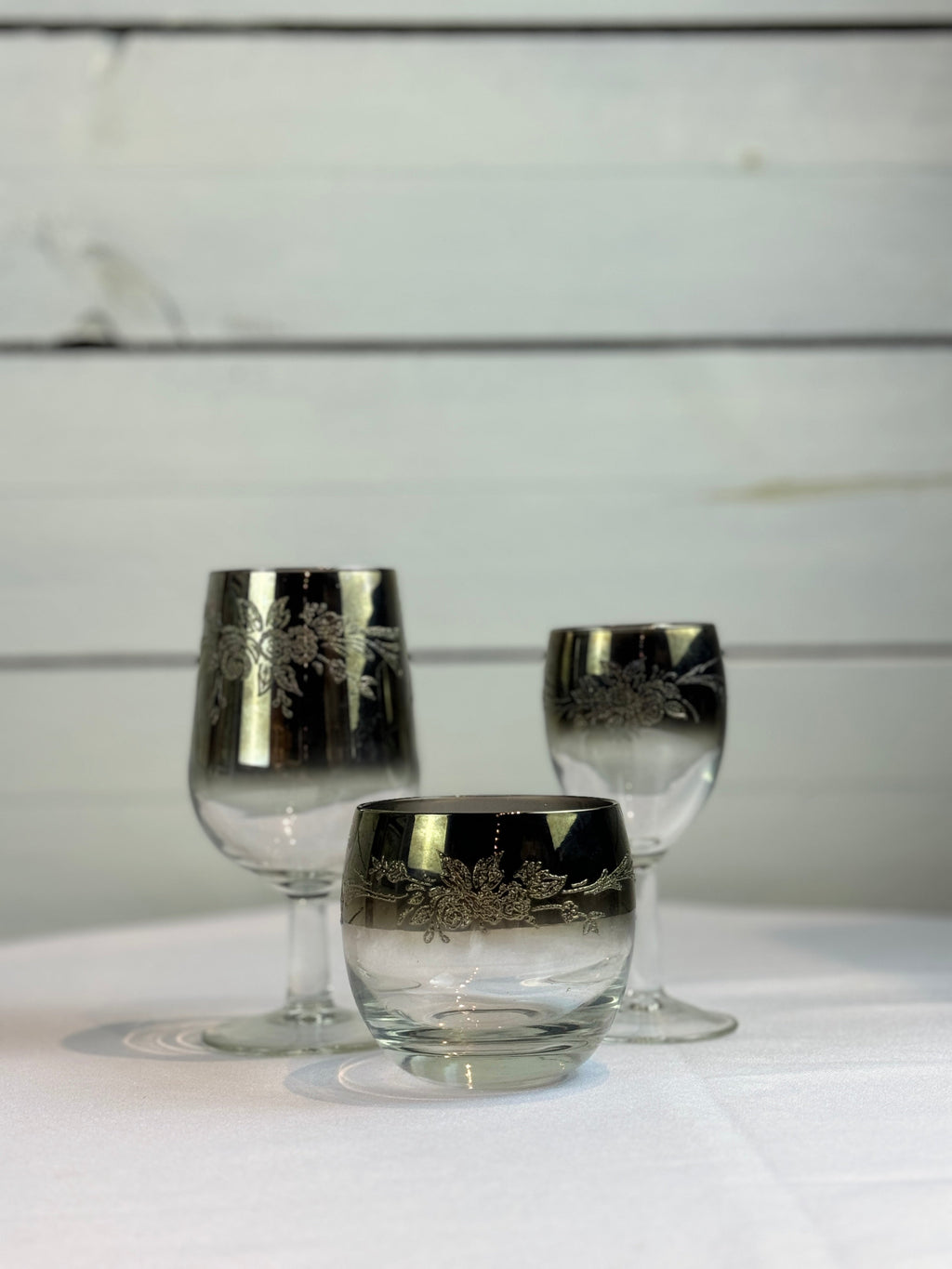 1970s Mid Century/Retro Vintage Floral Etched Queen Lusterware Silver Fade Ombre Cocktail Set - Set of 12 - Made in France