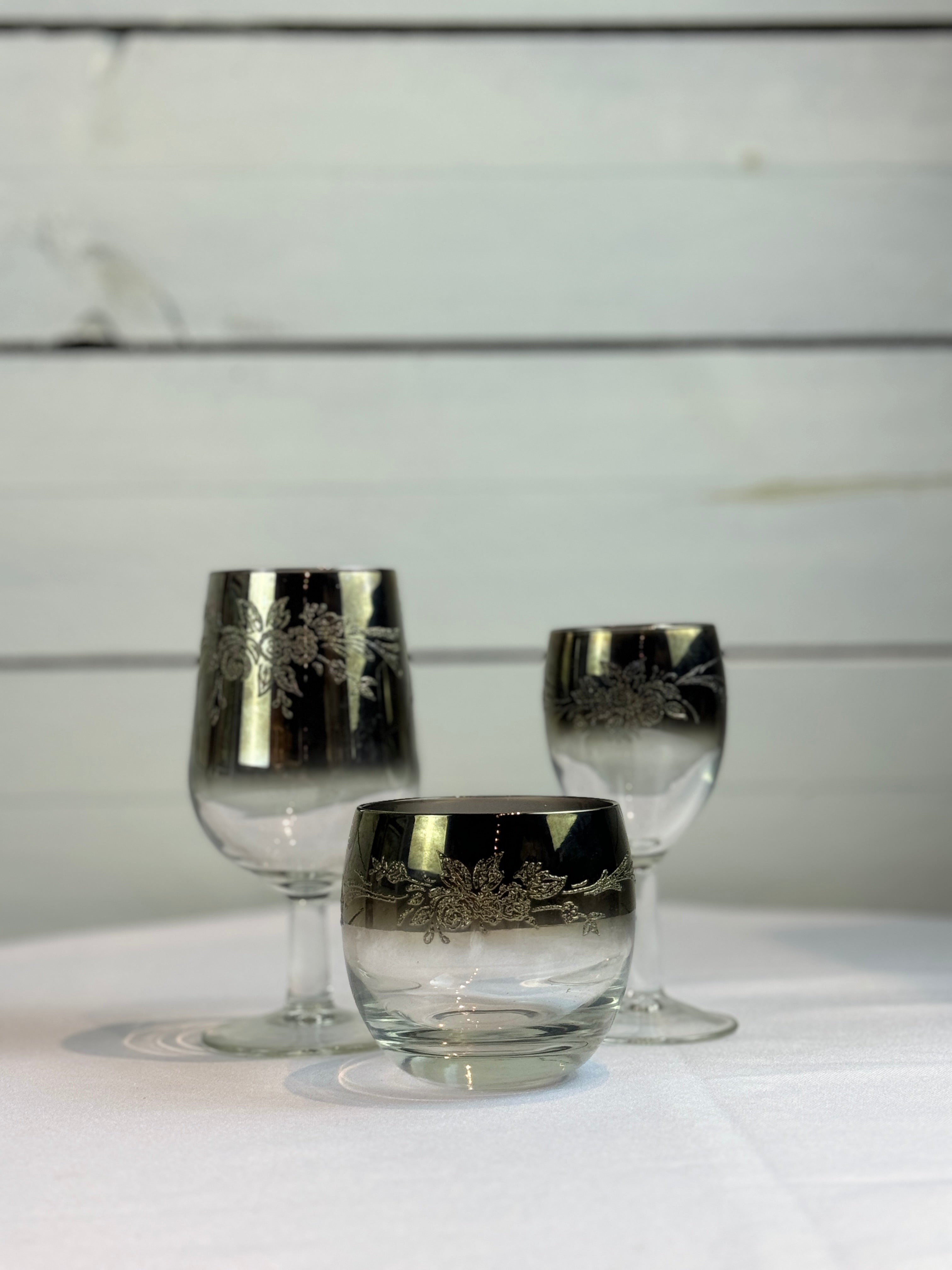 1970s Mid Century/Retro Vintage Floral Etched Queen Lusterware Silver Fade Ombre Cocktail Set - Set of 12 - Made in France