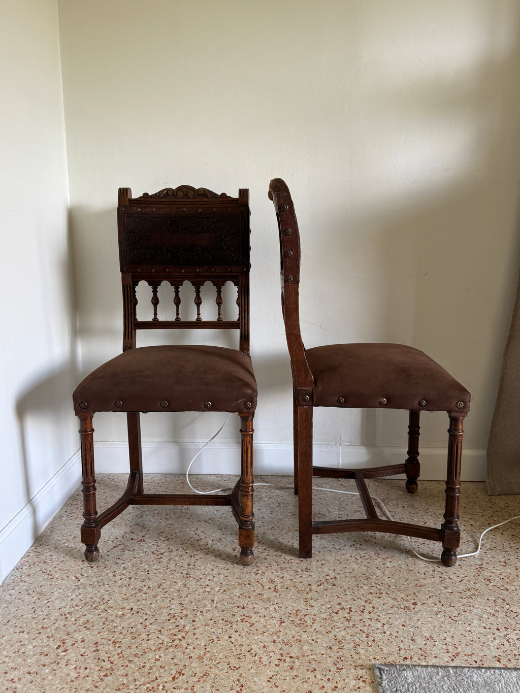 Antique 19th Century French Henry II Style Walnut Dining/Side/Accent Chairs With Suede Upholstery - Set of Two