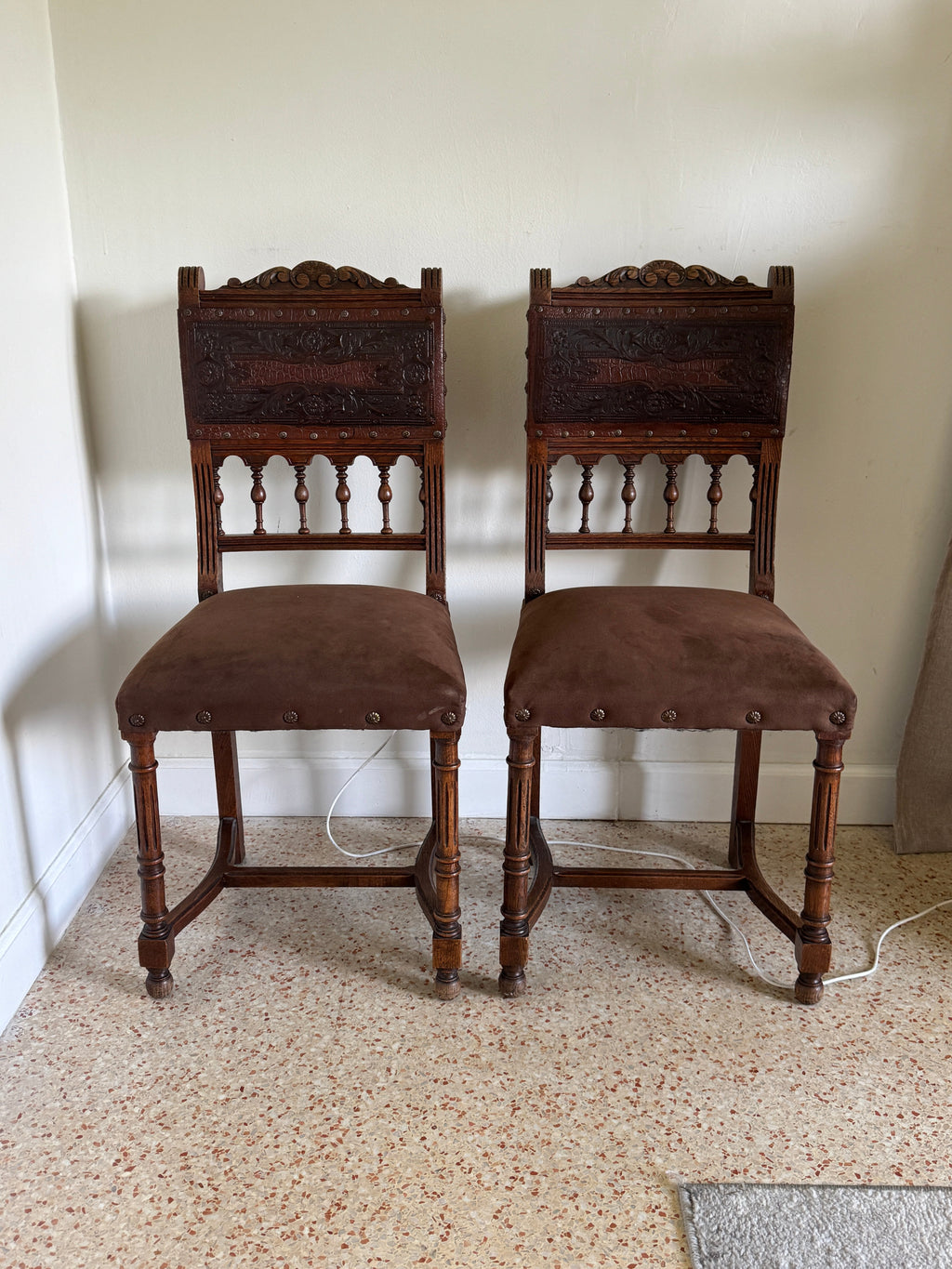 Antique 19th Century French Henry II Style Walnut Dining/Side/Accent Chairs With Suede Upholstery - Set of Two