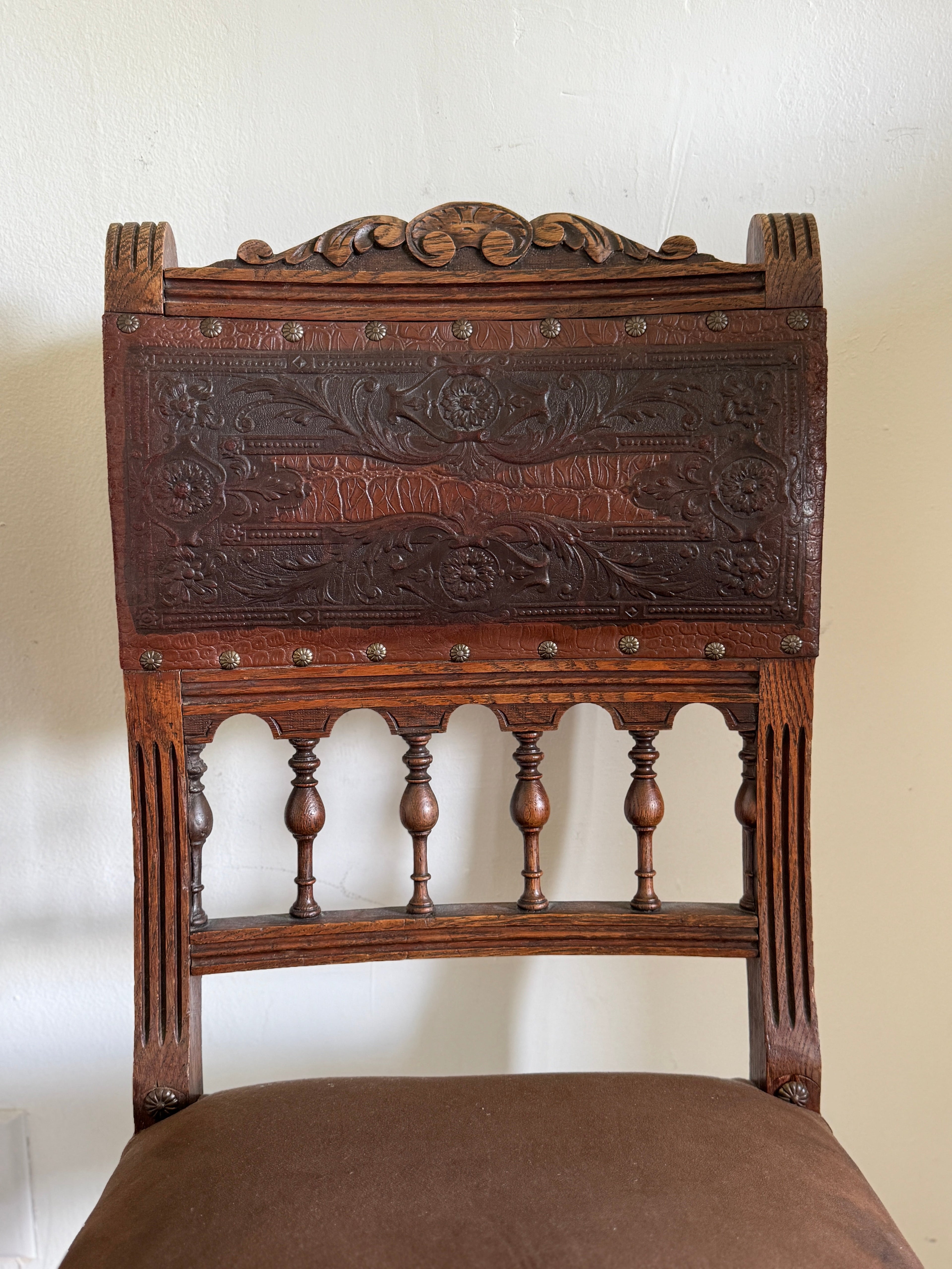 Antique 19th Century French Henry II Style Walnut Dining/Side/Accent Chairs With Suede Upholstery - Set of Two