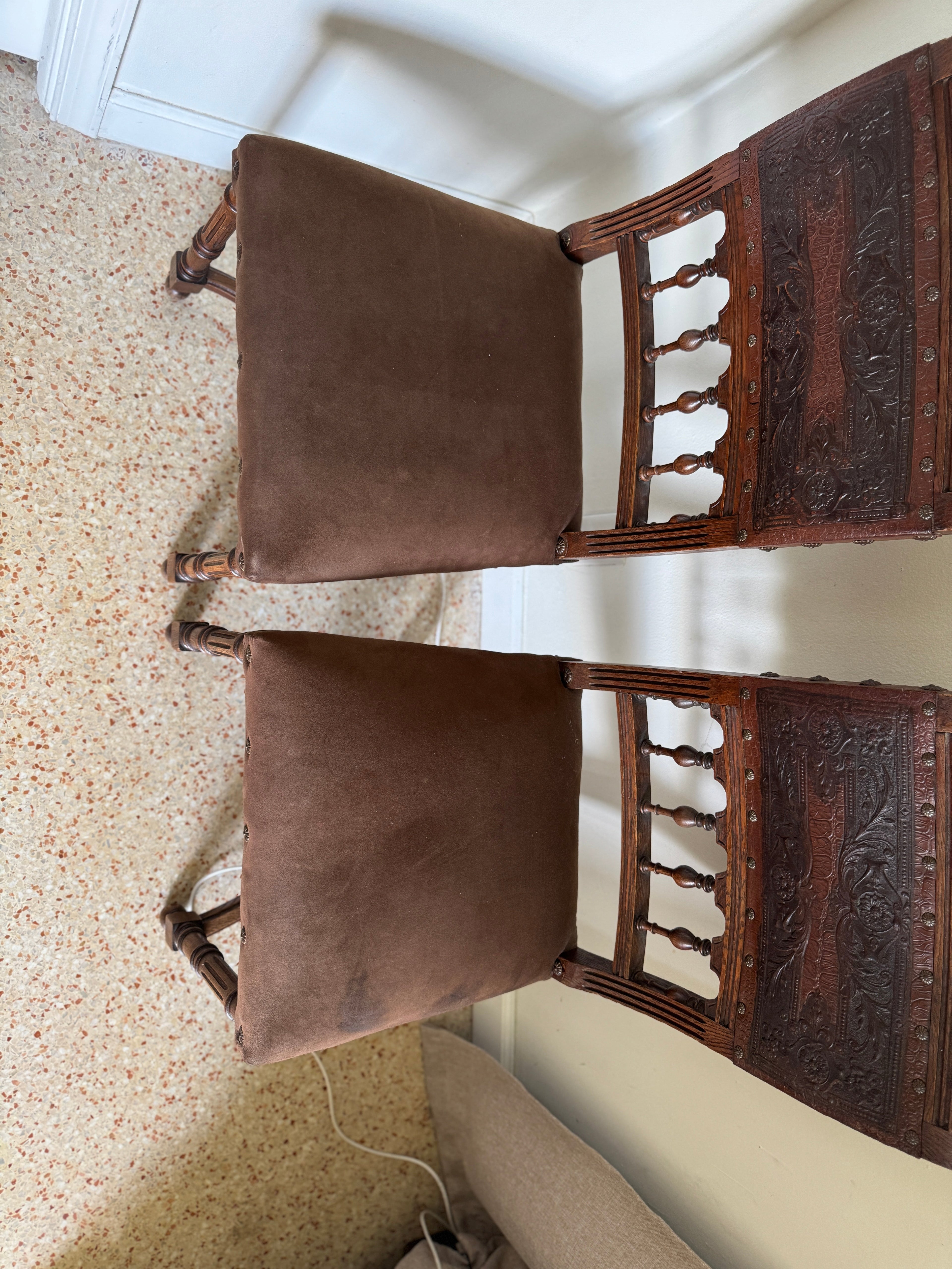 Antique 19th Century French Henry II Style Walnut Dining/Side/Accent Chairs With Suede Upholstery - Set of Two