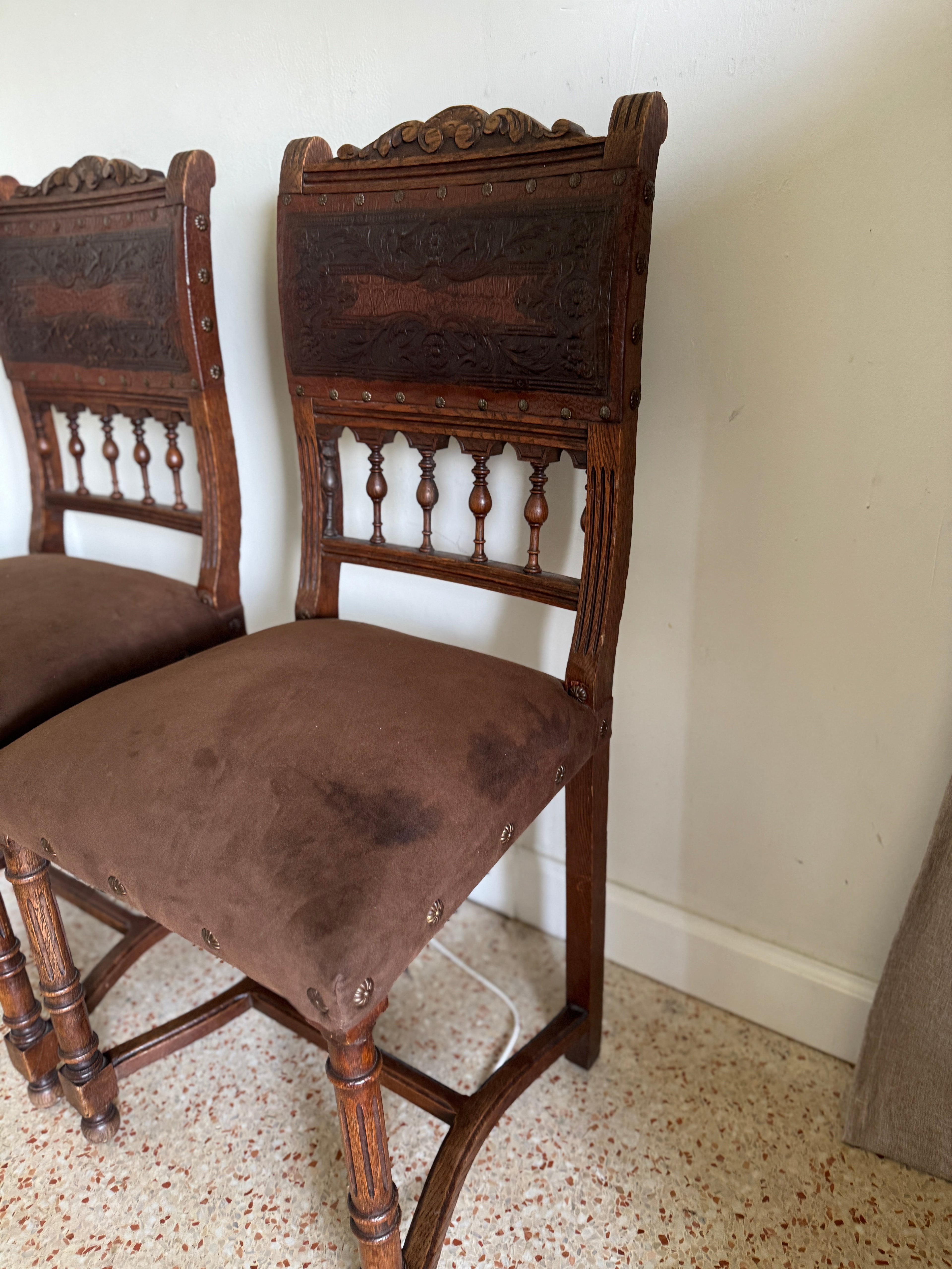 Antique 19th Century French Henry II Style Walnut Dining/Side/Accent Chairs With Suede Upholstery - Set of Two