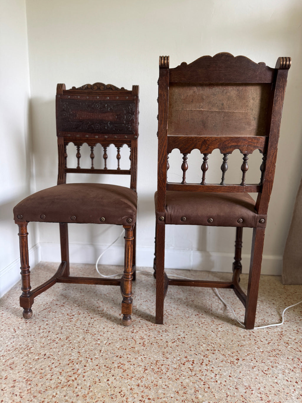 Antique 19th Century French Henry II Style Walnut Dining/Side/Accent Chairs With Suede Upholstery - Set of Two