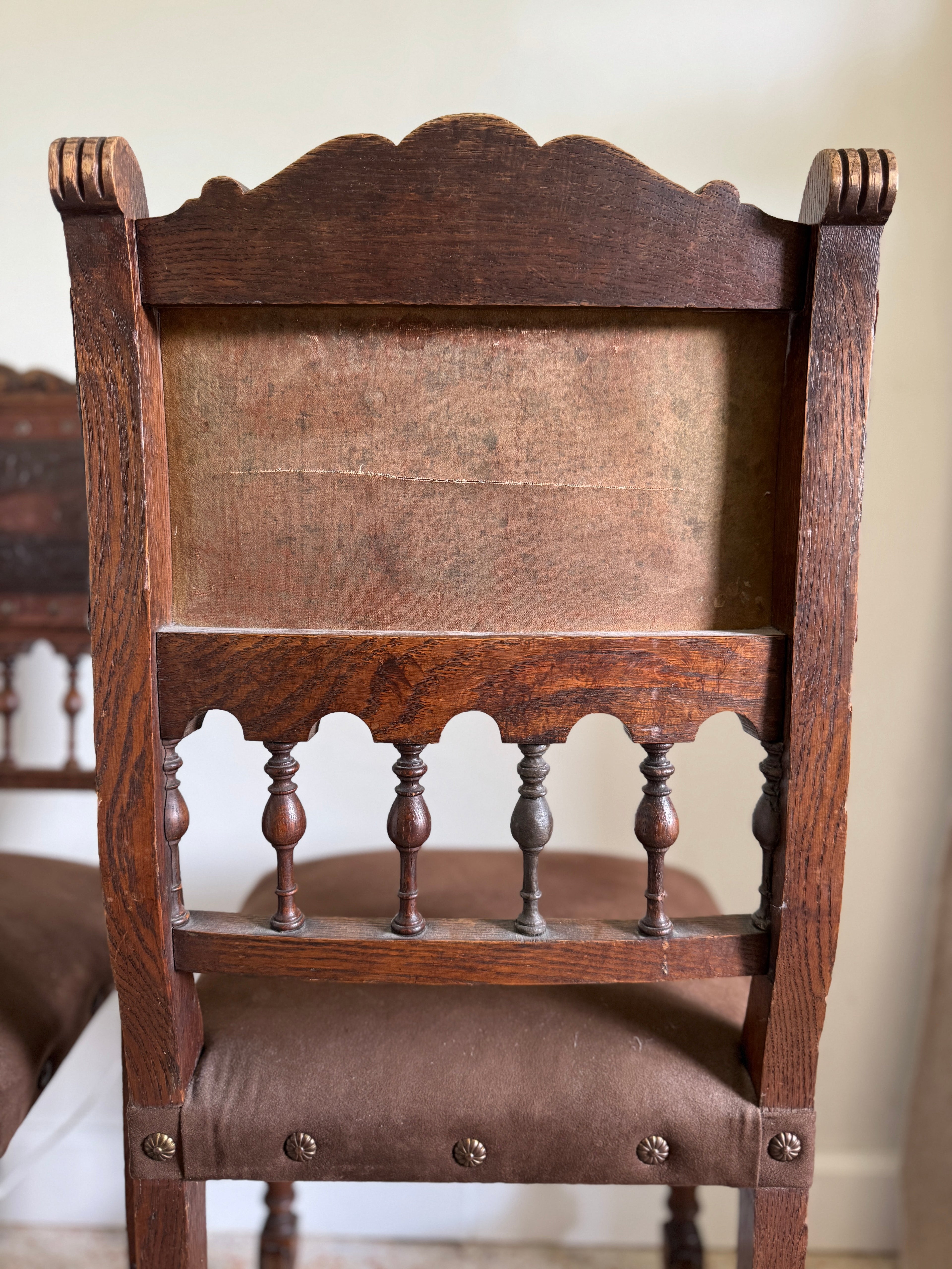 Antique 19th Century French Henry II Style Walnut Dining/Side/Accent Chairs With Suede Upholstery - Set of Two