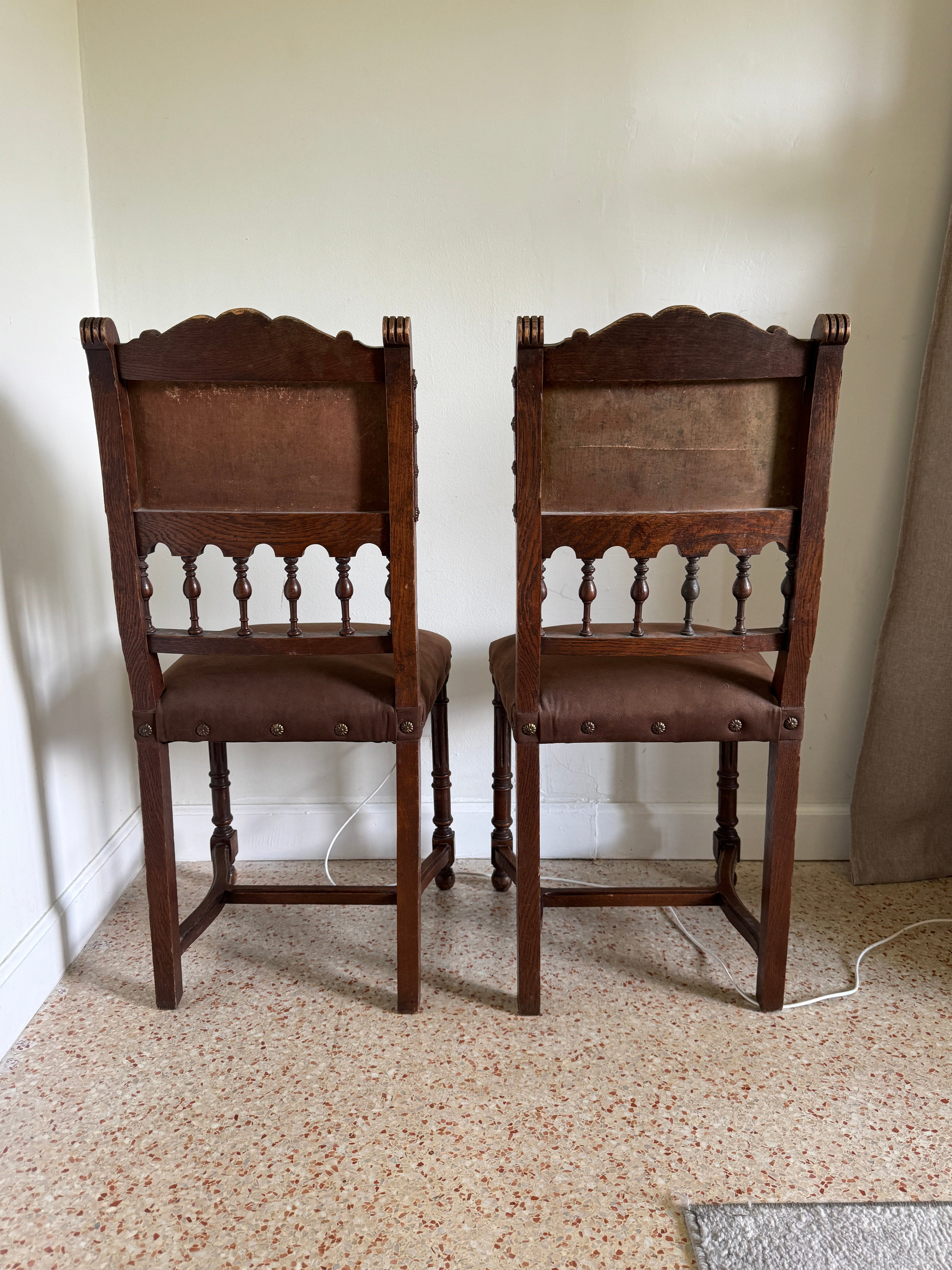 Antique 19th Century French Henry II Style Walnut Dining/Side/Accent Chairs With Suede Upholstery - Set of Two