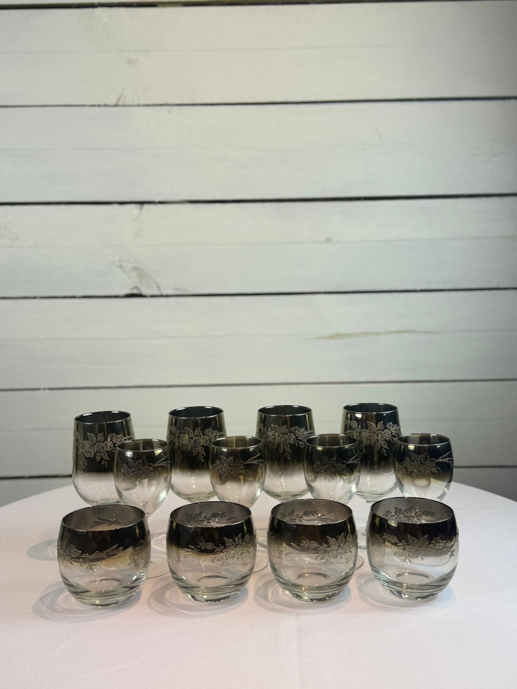 1970s Mid Century/Retro Vintage Floral Etched Queen Lusterware Silver Fade Ombre Cocktail Set - Set of 12 - Made in France