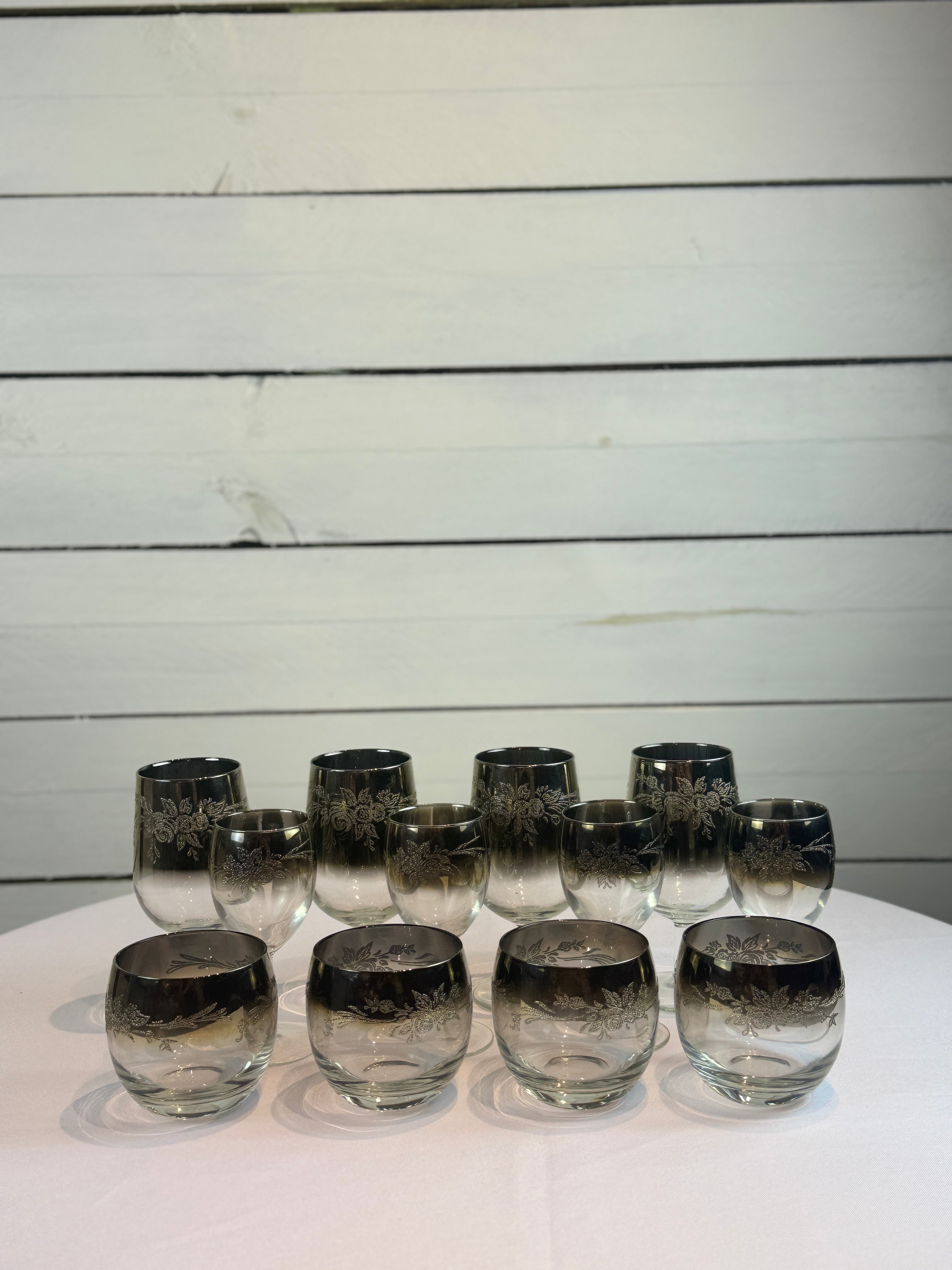 1970s Mid Century/Retro Vintage Floral Etched Queen Lusterware Silver Fade Ombre Cocktail Set - Set of 12 - Made in France