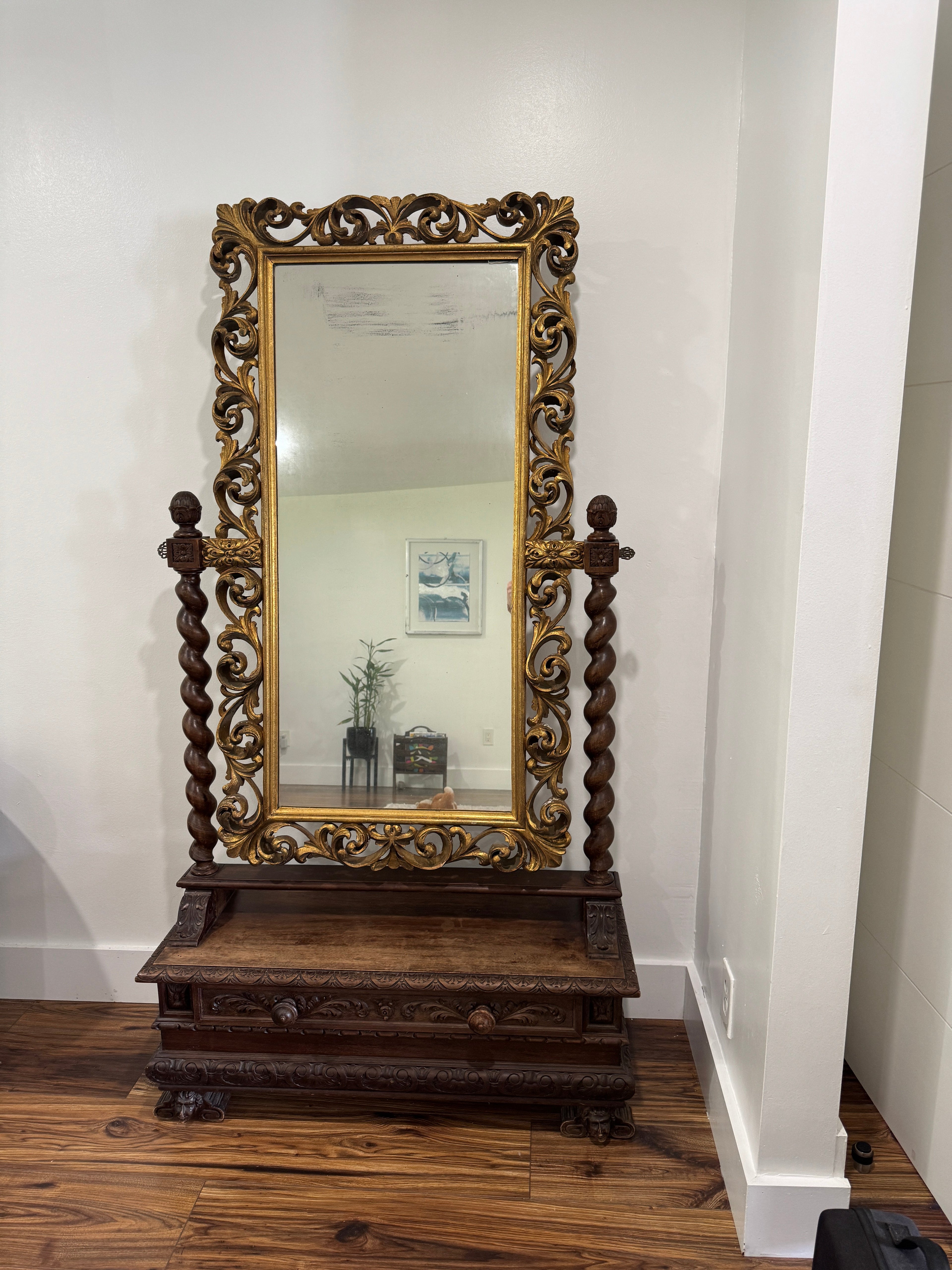 Antique Carved Italian Walnut Stand Mirror