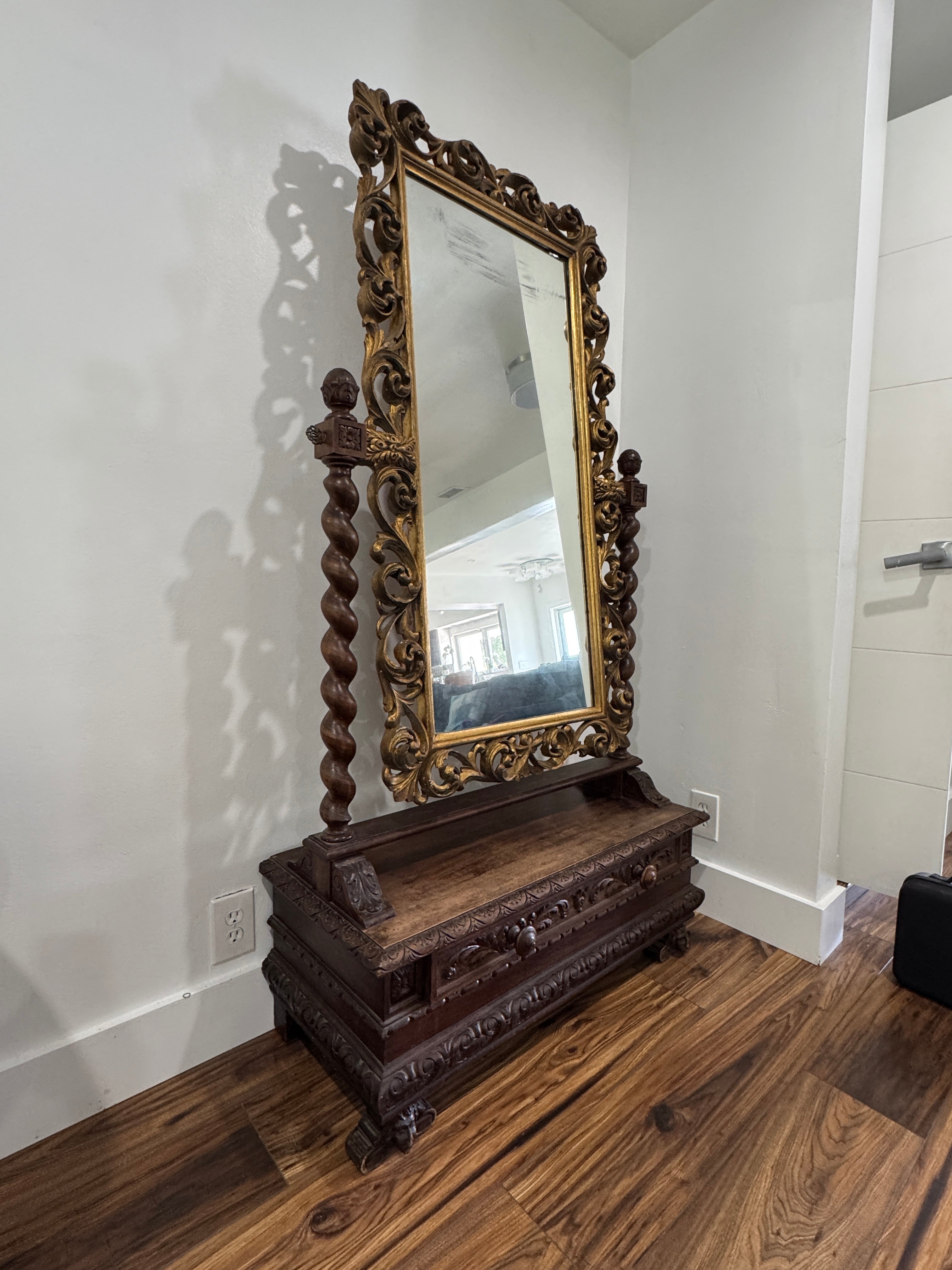 Antique Carved Italian Walnut Stand Mirror