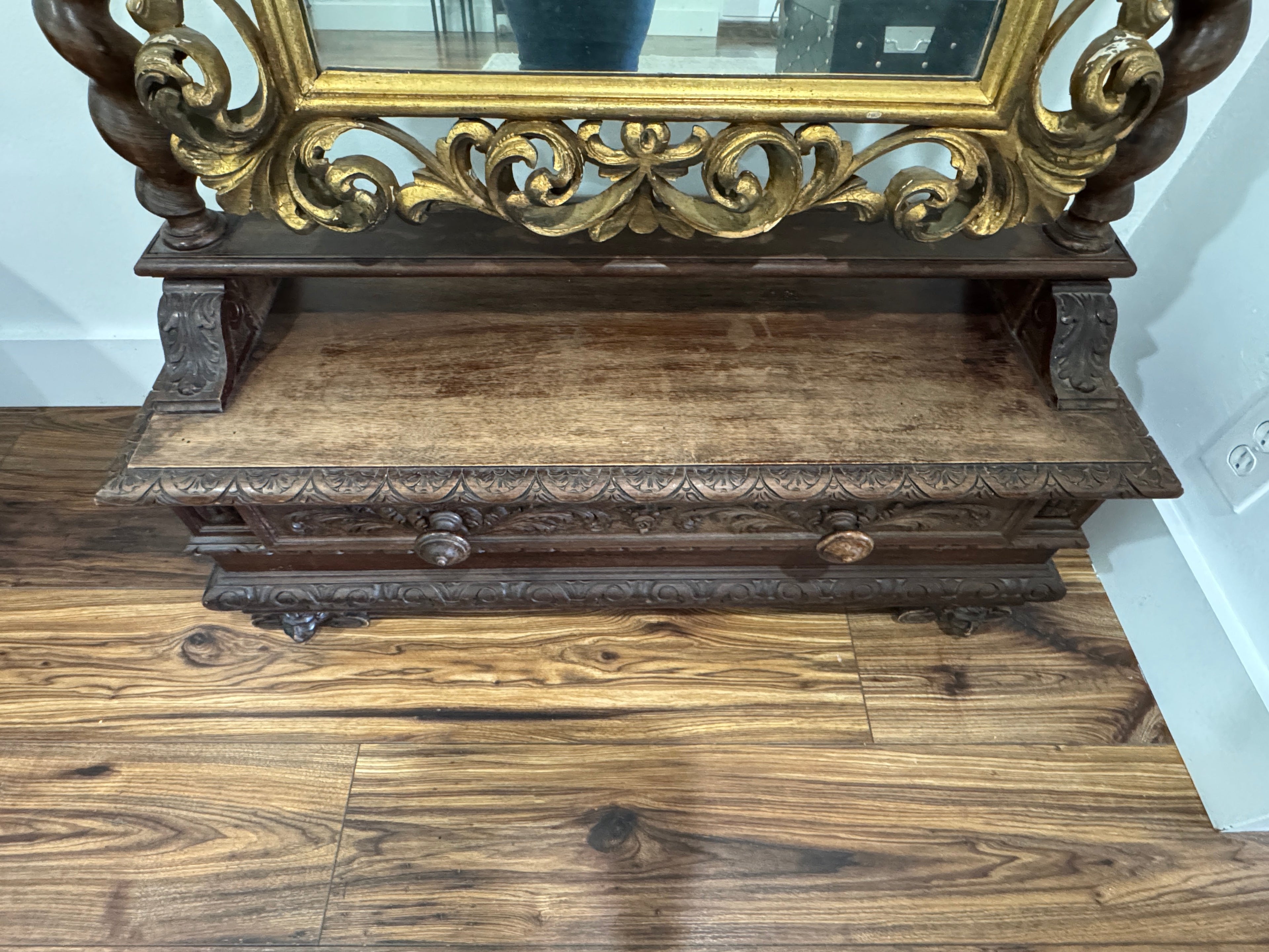Antique Carved Italian Walnut Stand Mirror