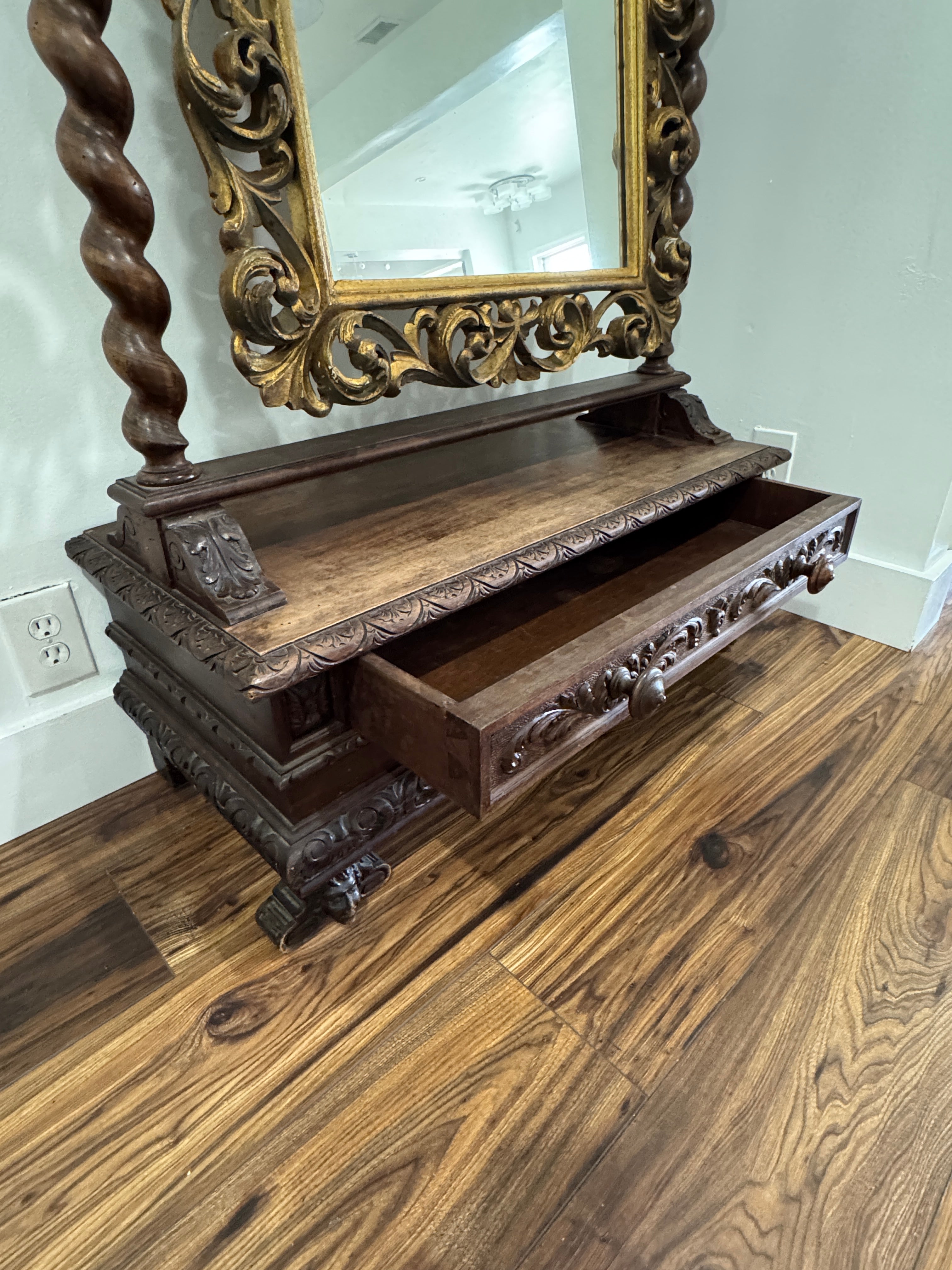Antique Carved Italian Walnut Stand Mirror