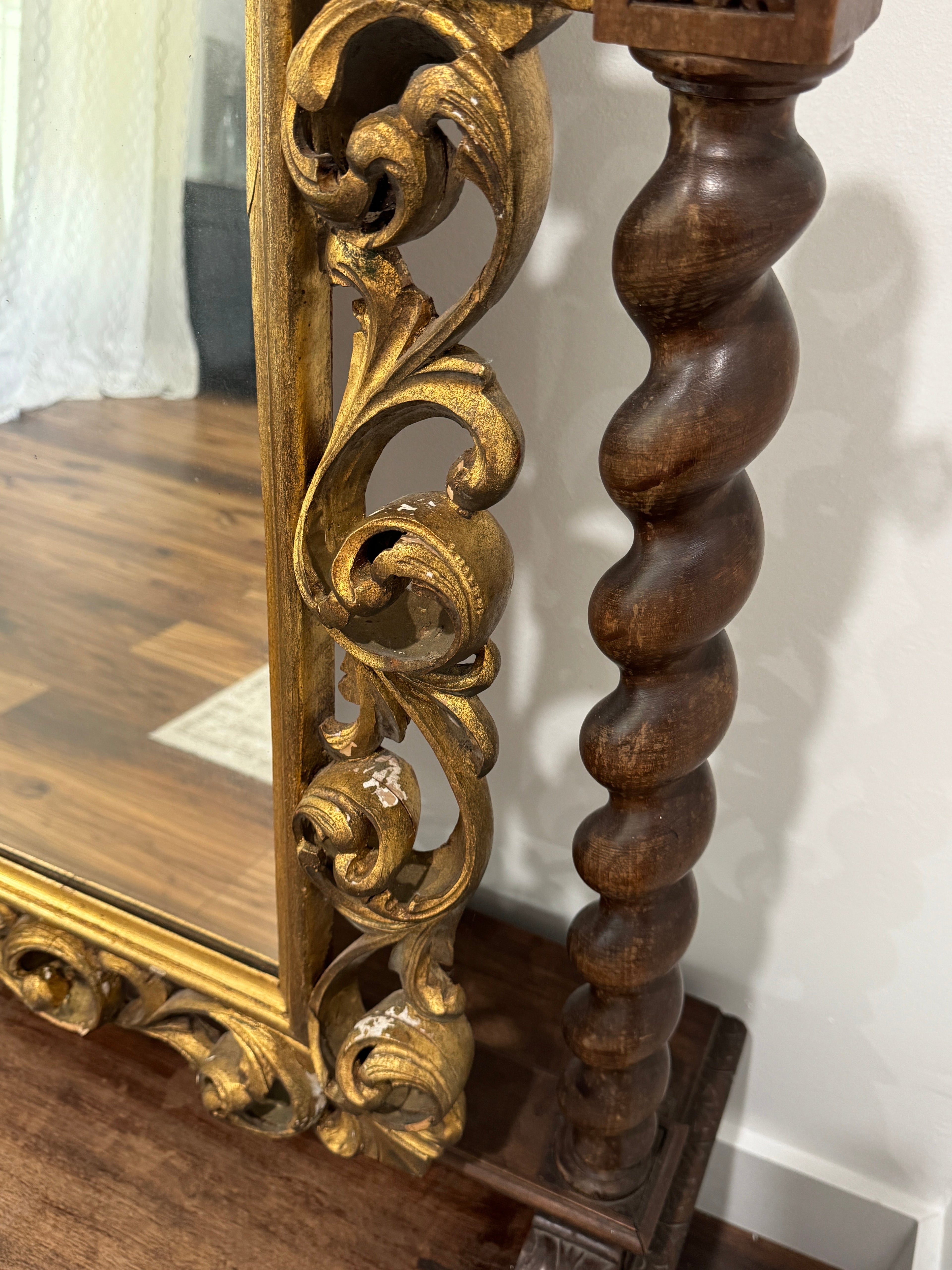 Antique Carved Italian Walnut Stand Mirror
