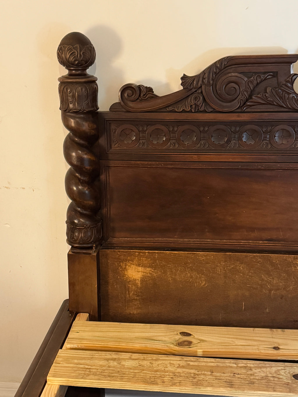Antique Carved Italian Walnut Clawfoot European Queen Sized Bed