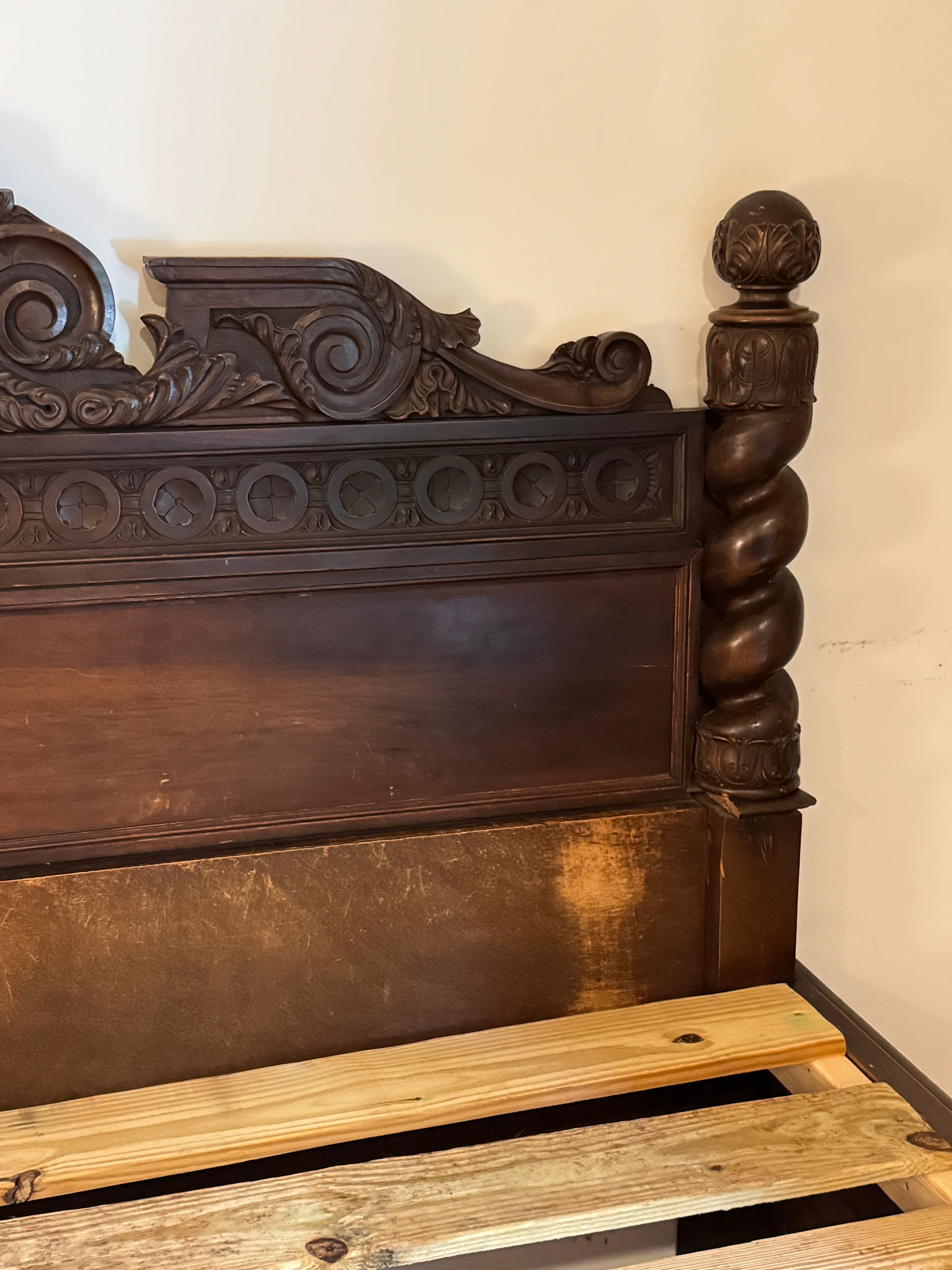 Antique Carved Italian Walnut Clawfoot European Queen Sized Bed