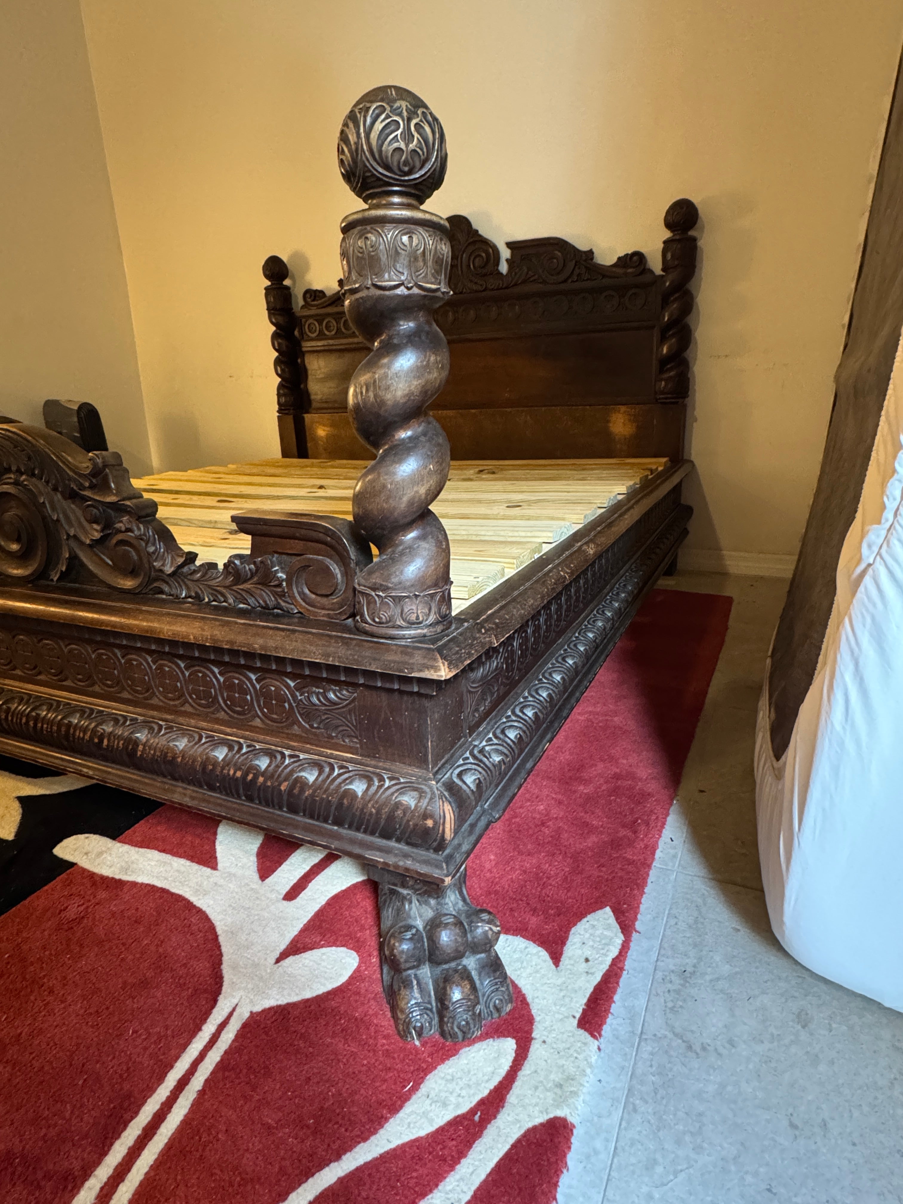 Antique Carved Italian Walnut Clawfoot European Queen Sized Bed