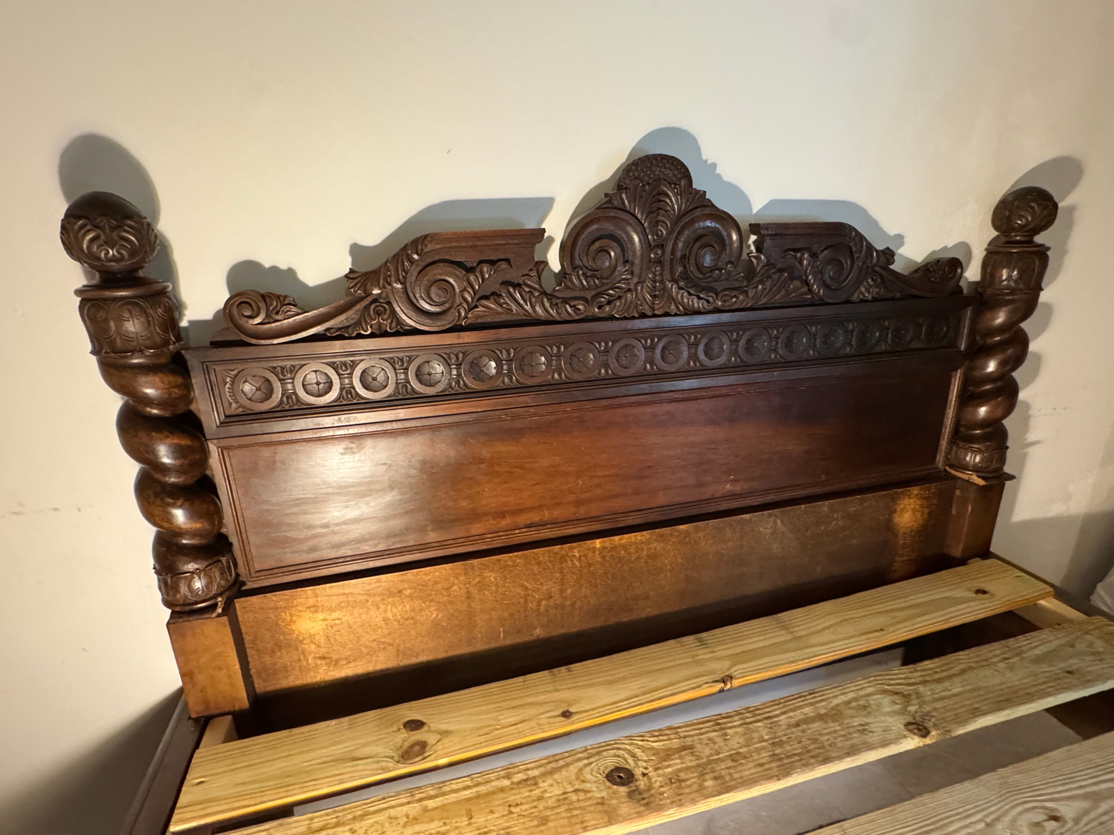 Antique Carved Italian Walnut Clawfoot European Queen Sized Bed
