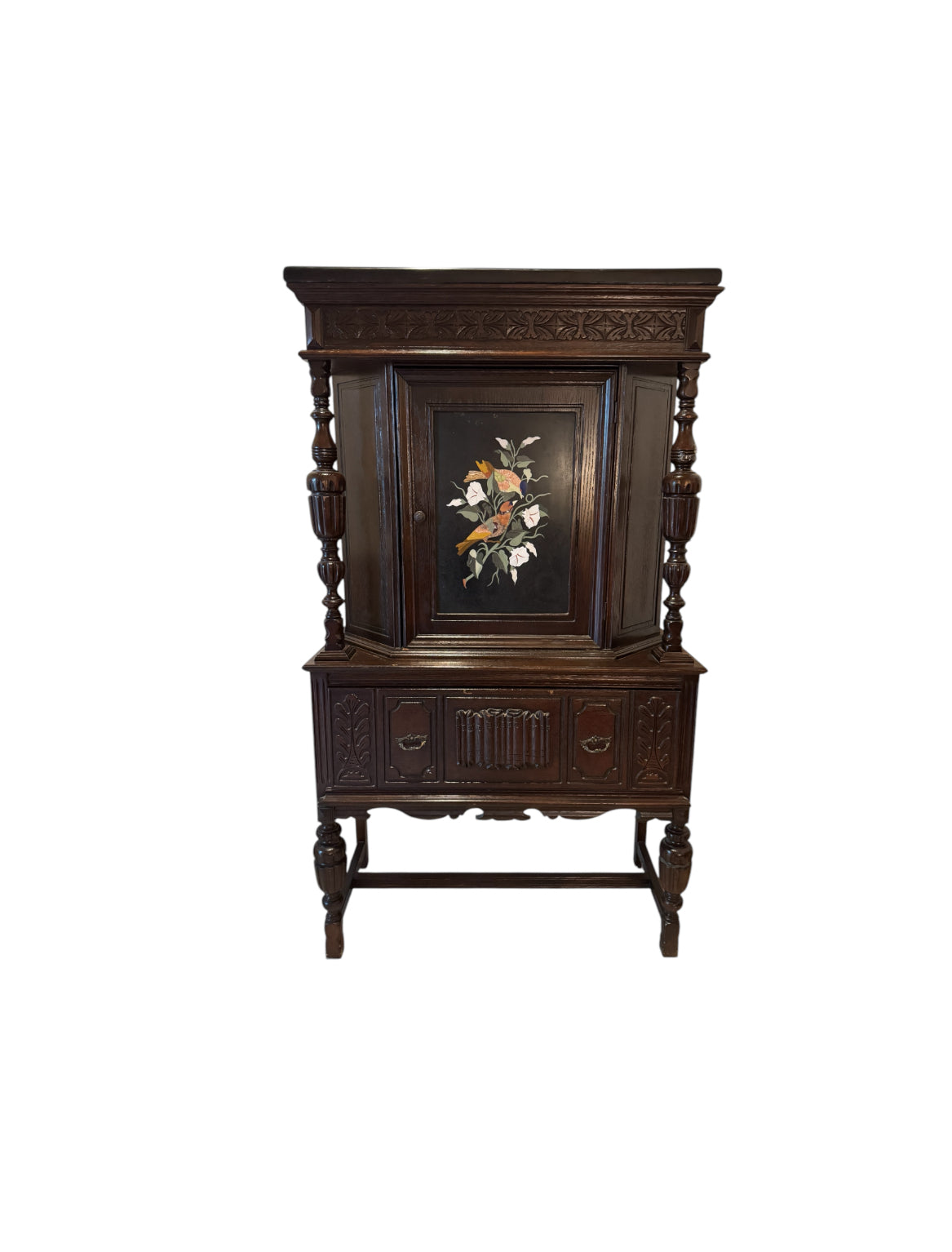 Antique Jacobean Style Carved Oak Cabinet Hutch with Pietra Dura Inlay, Carved Details and Black Marble Top