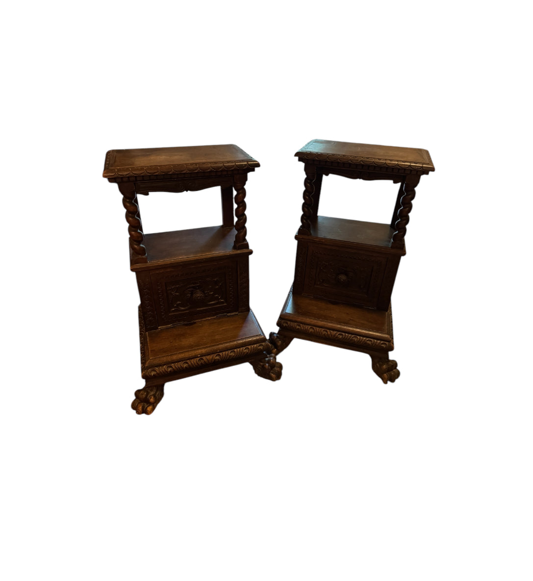 Antique Carved Italian Walnut Clawfoot Nightstands - A Pair