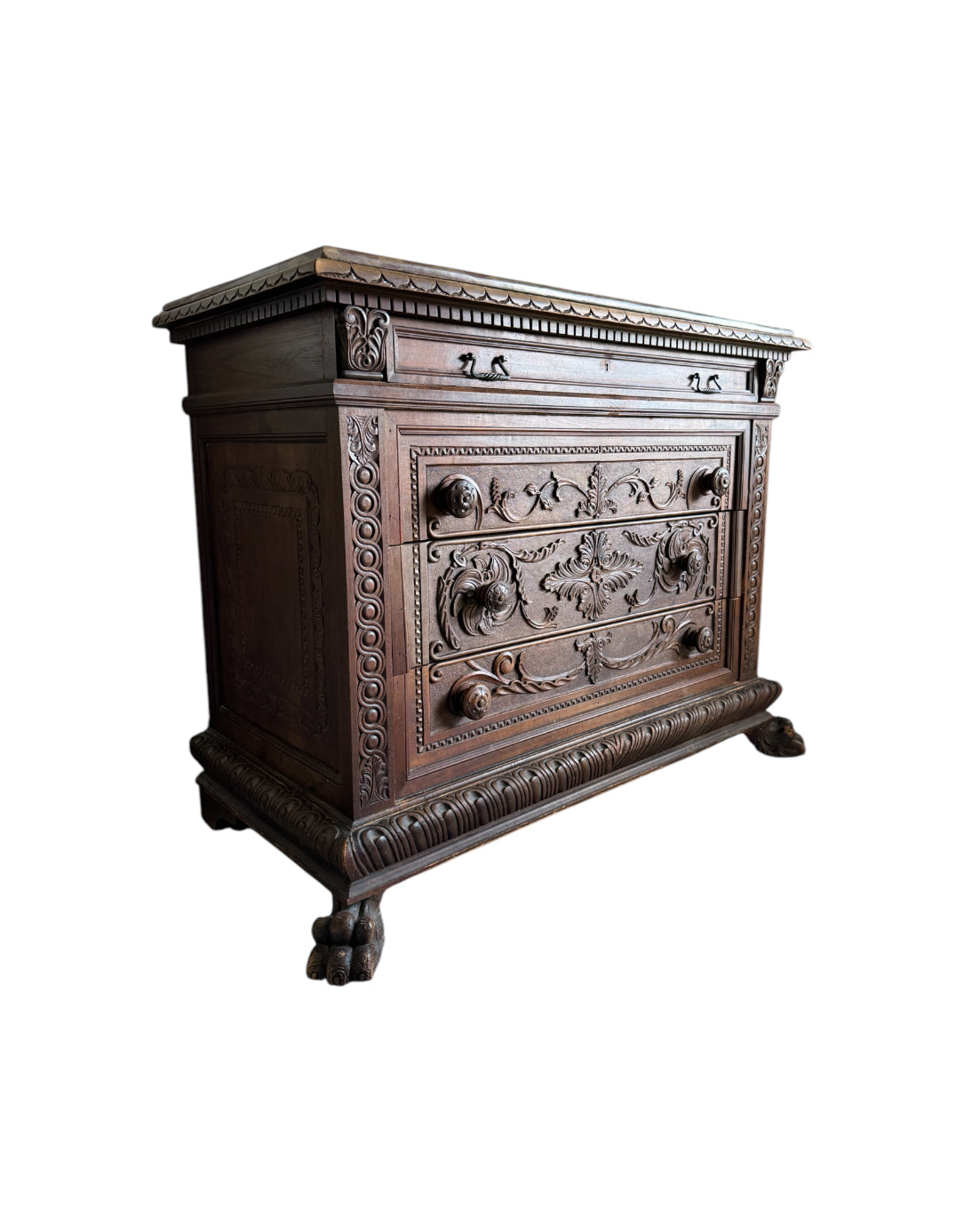 Antique Carved Italian Walnut Clawfoot Chest of Drawers with Marble Top