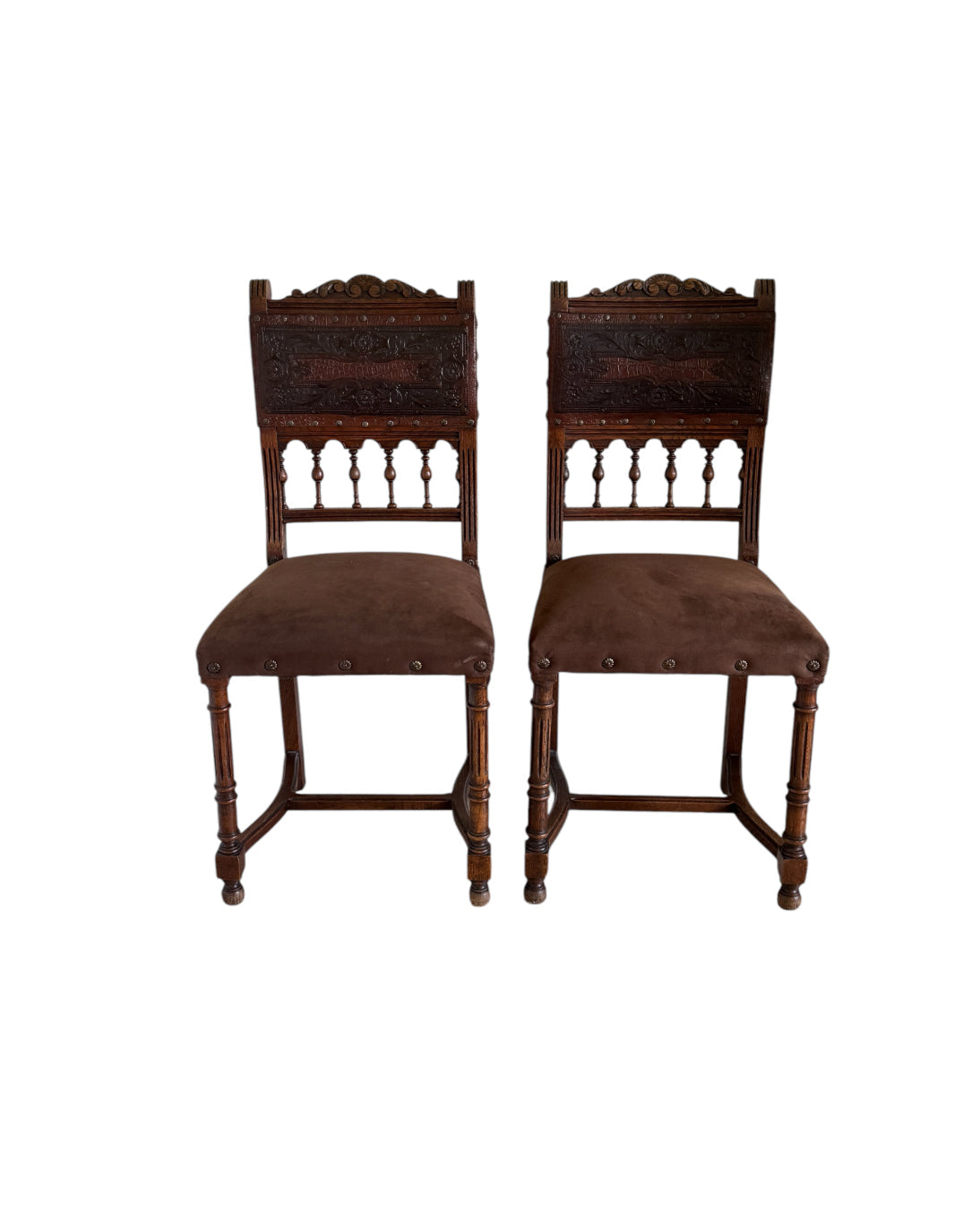 Antique 19th Century French Henry II Style Walnut Dining/Side/Accent Chairs With Suede Upholstery - Set of Two
