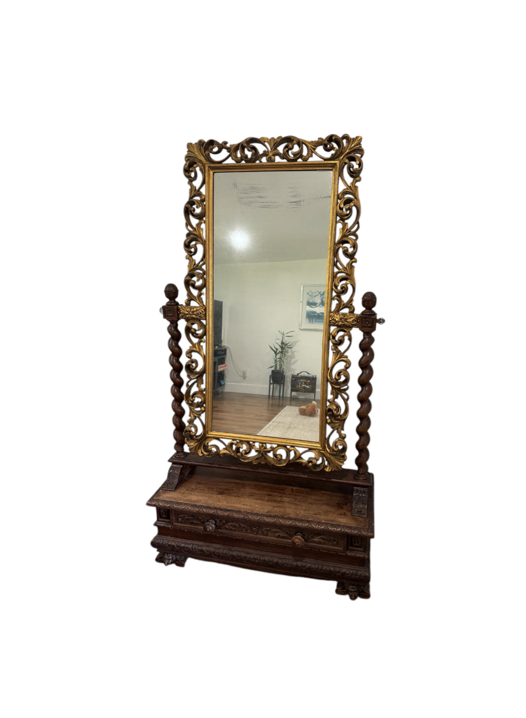 Antique Carved Italian Walnut Stand Mirror