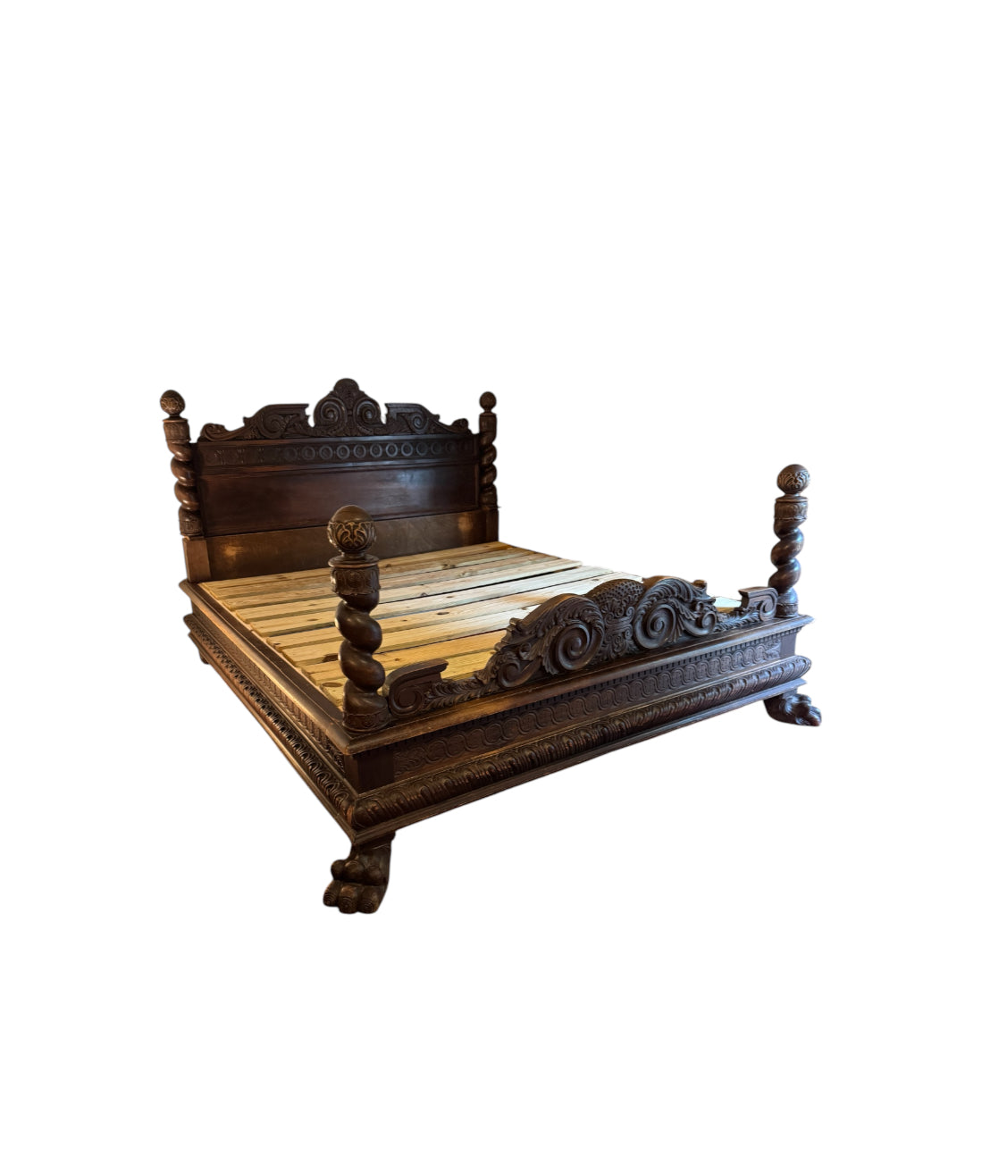Antique Carved Italian Walnut Clawfoot European Queen Sized Bed