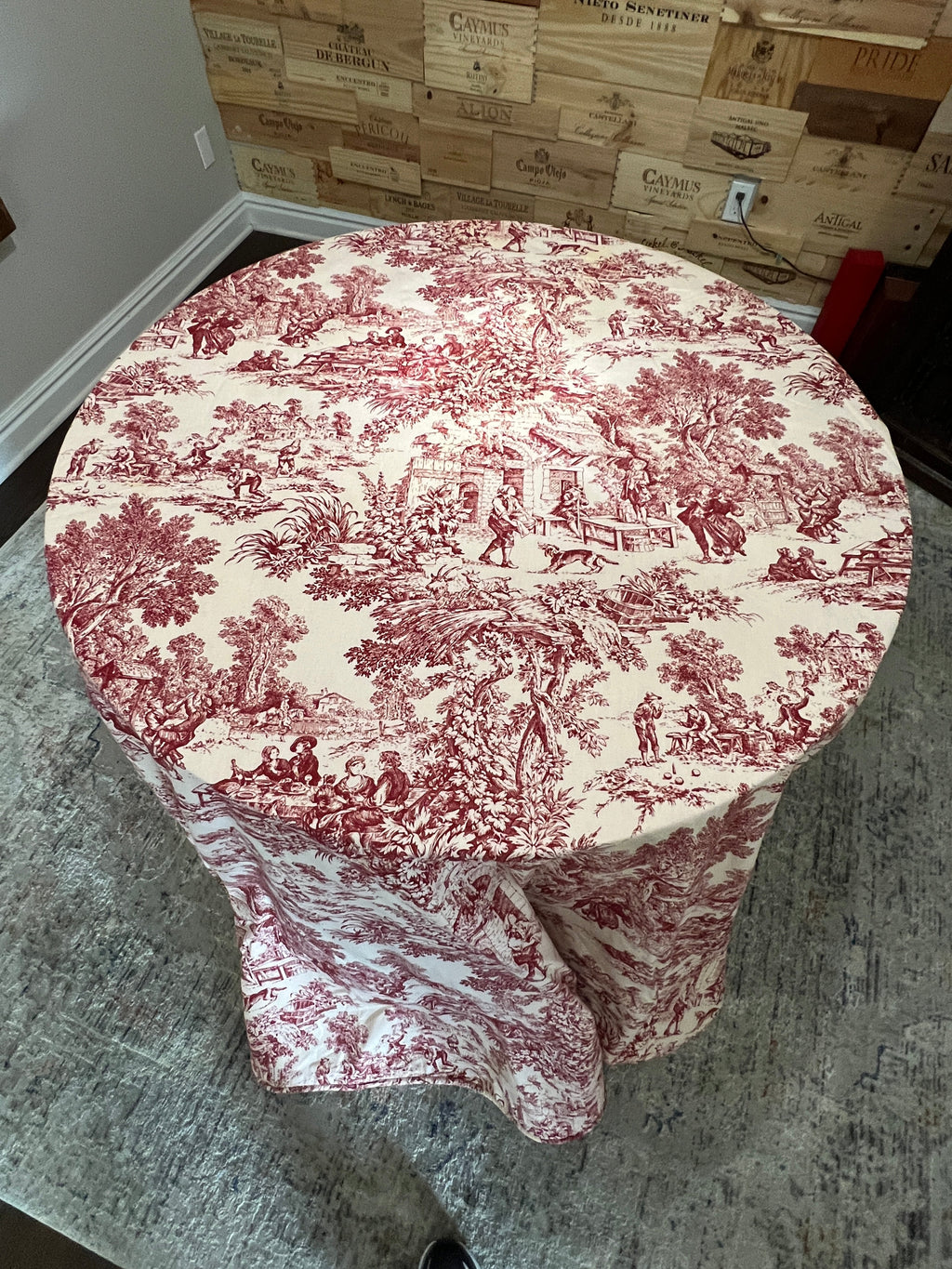 French Toile Tablecloth 120" Round in Red
