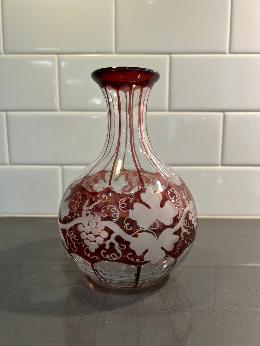 Vintage Ruby Red Bohemian Glass Vase with Grape Vine design