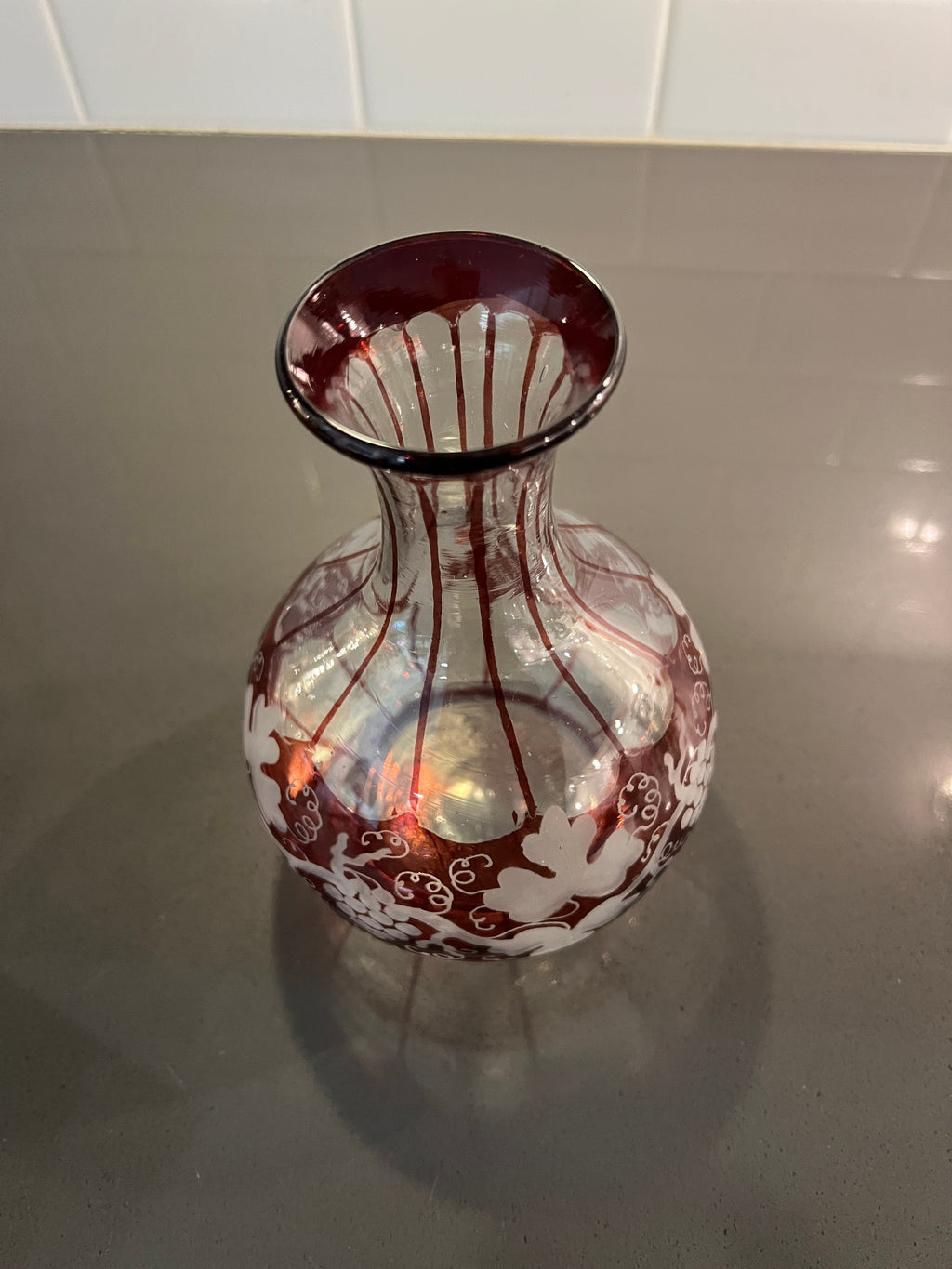Vintage Ruby Red Bohemian Glass Vase with Grape Vine design