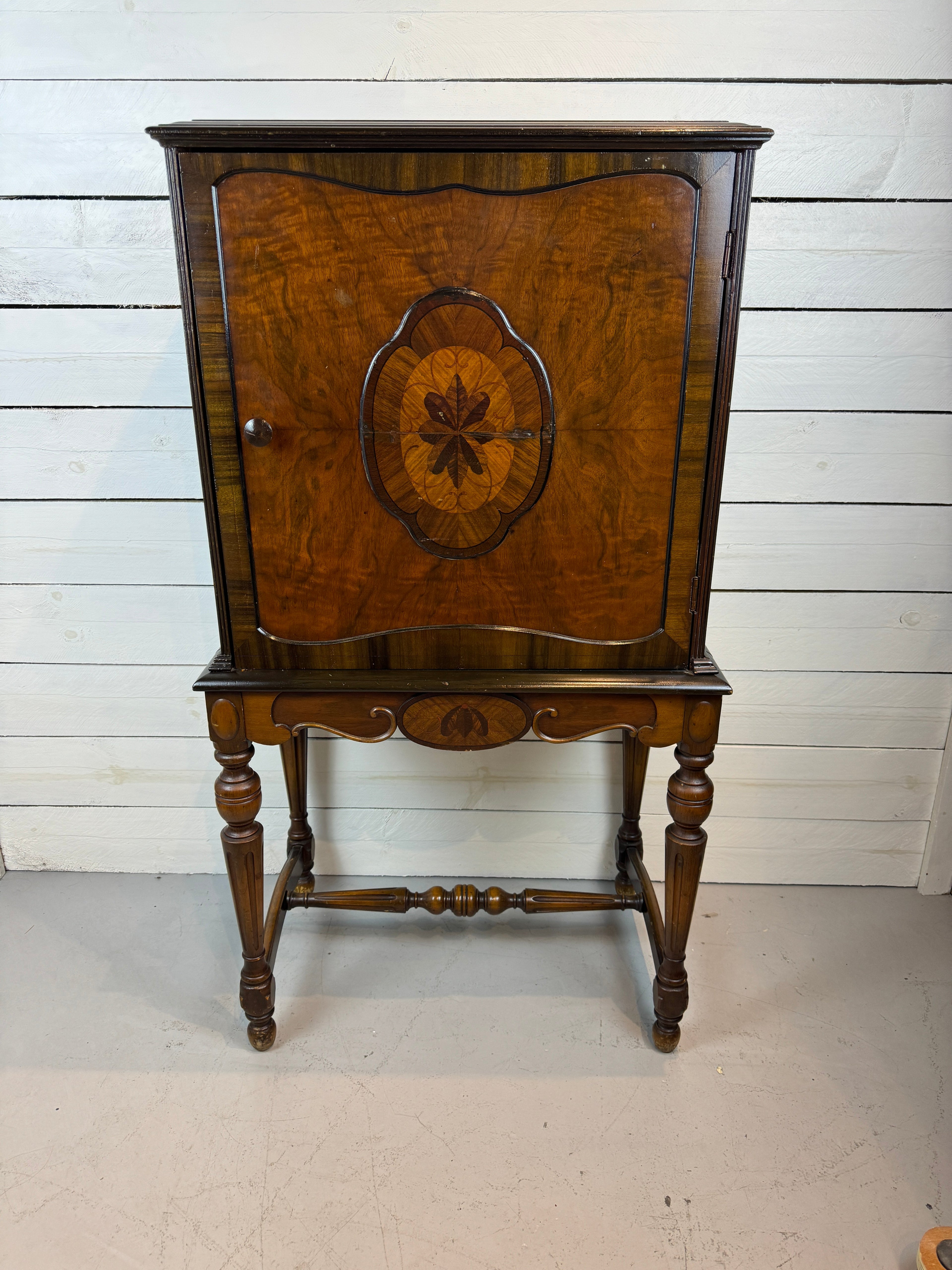 Antique Mahogany Highboy Cabinet / Bar Cabinet With Marquetry Inlays