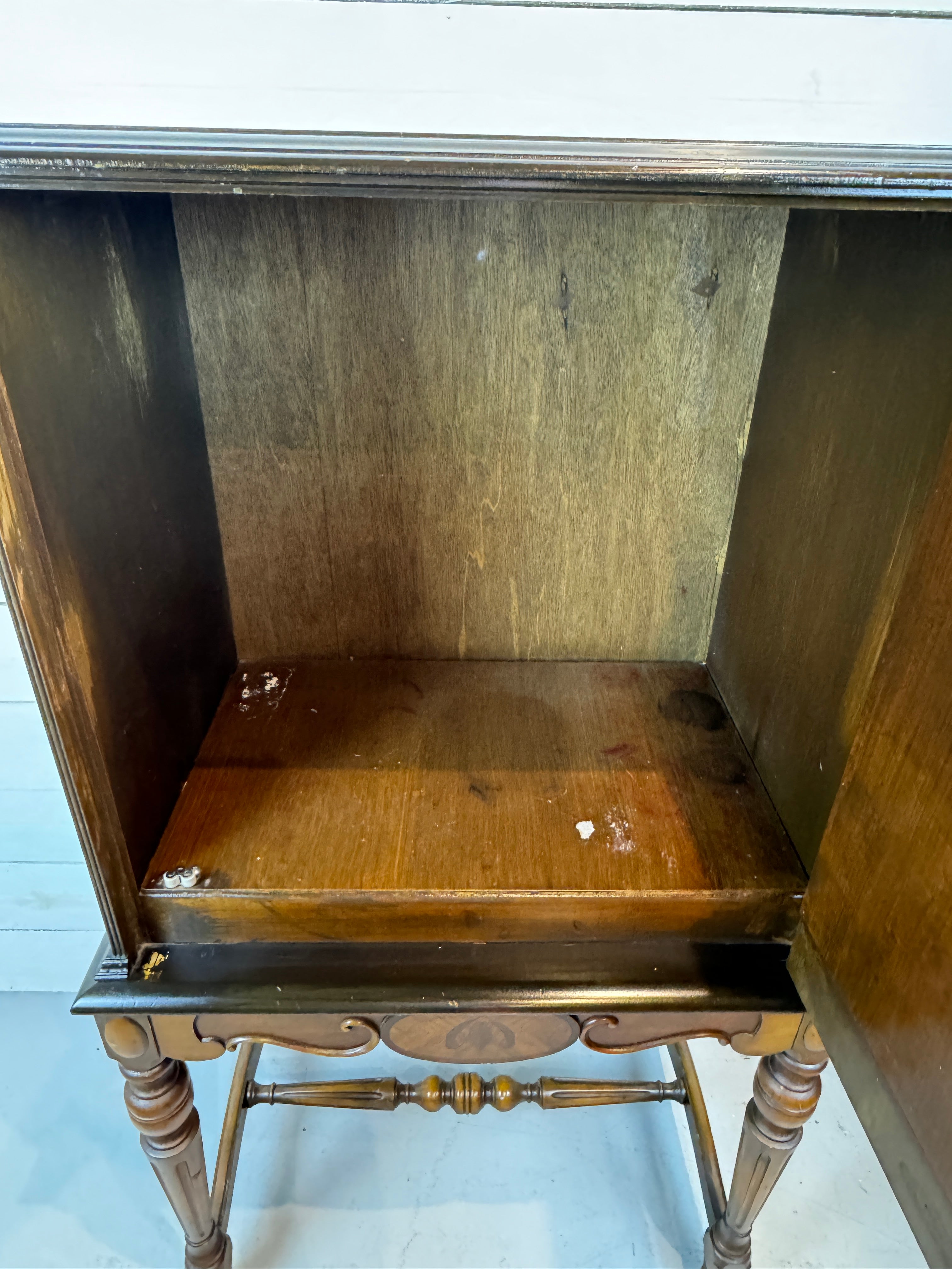 Antique Mahogany Highboy Cabinet / Bar Cabinet With Marquetry Inlays