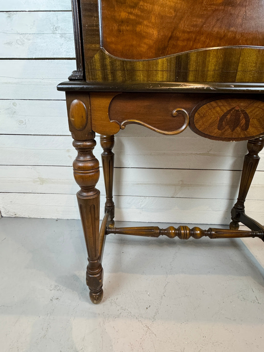 Antique Mahogany Highboy Cabinet / Bar Cabinet With Marquetry Inlays