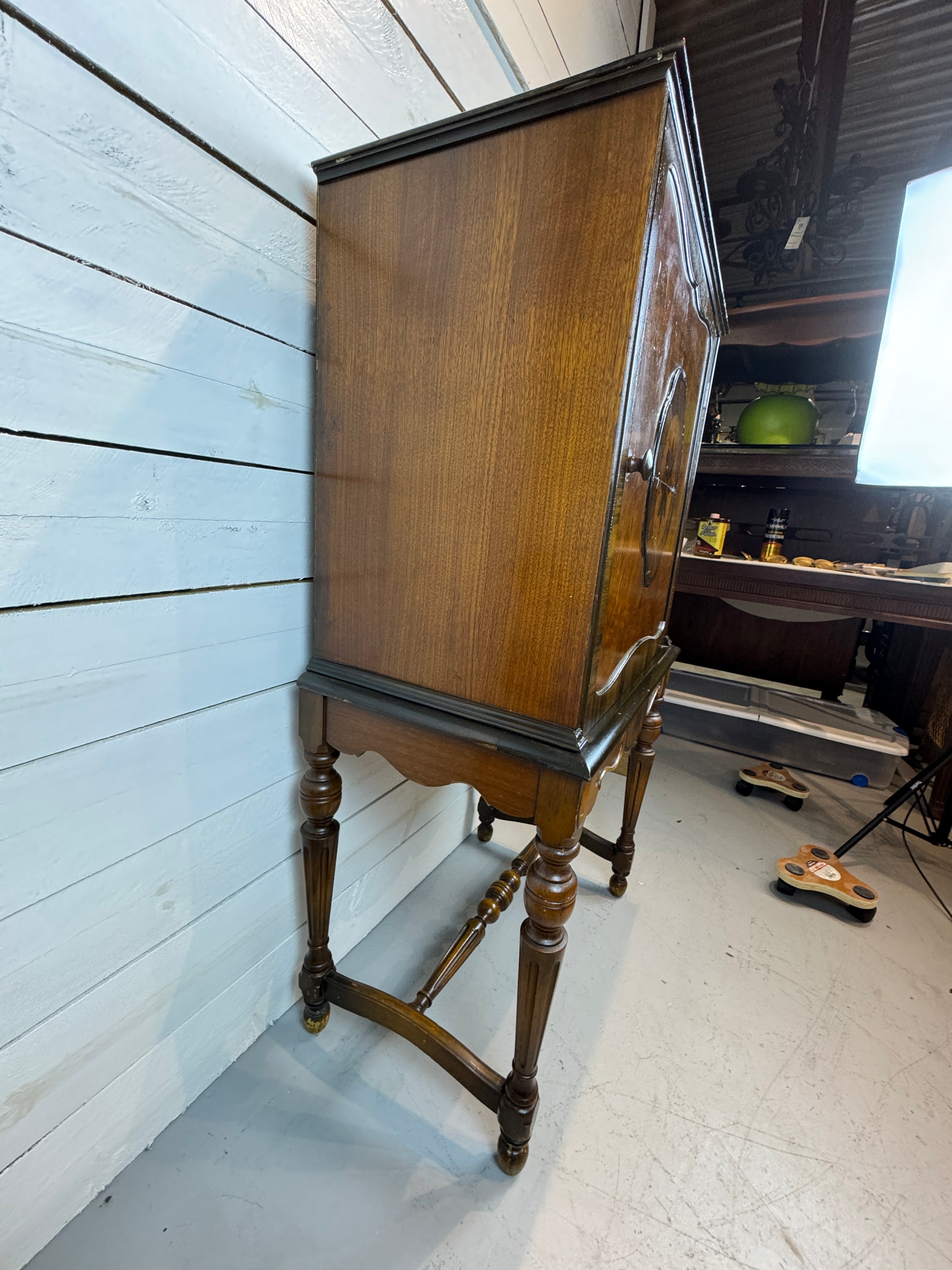 Antique Mahogany Highboy Cabinet / Bar Cabinet With Marquetry Inlays