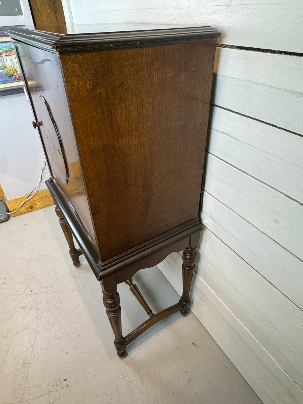Antique Mahogany Highboy Cabinet / Bar Cabinet With Marquetry Inlays