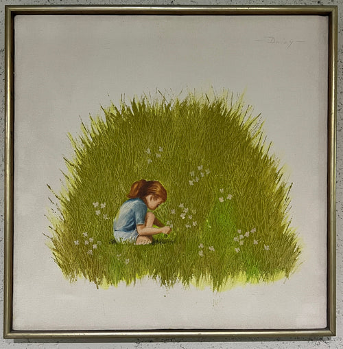 1930s Oil on Canvas - Girl Picking Flowers