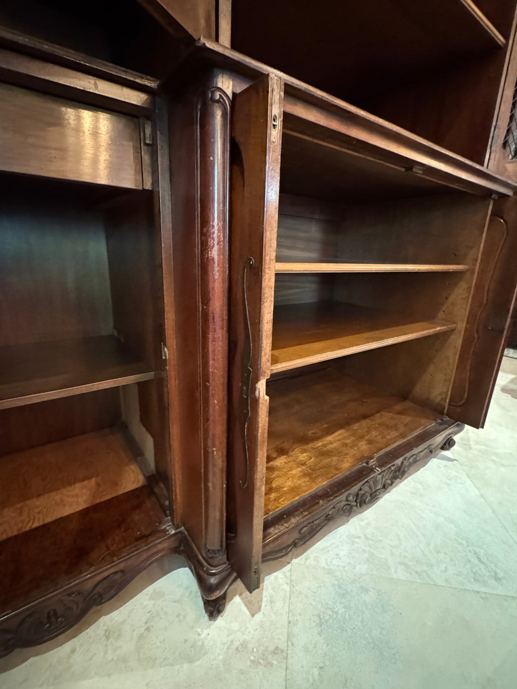 19th Century British Breakfront China Cabinet with Copper Details