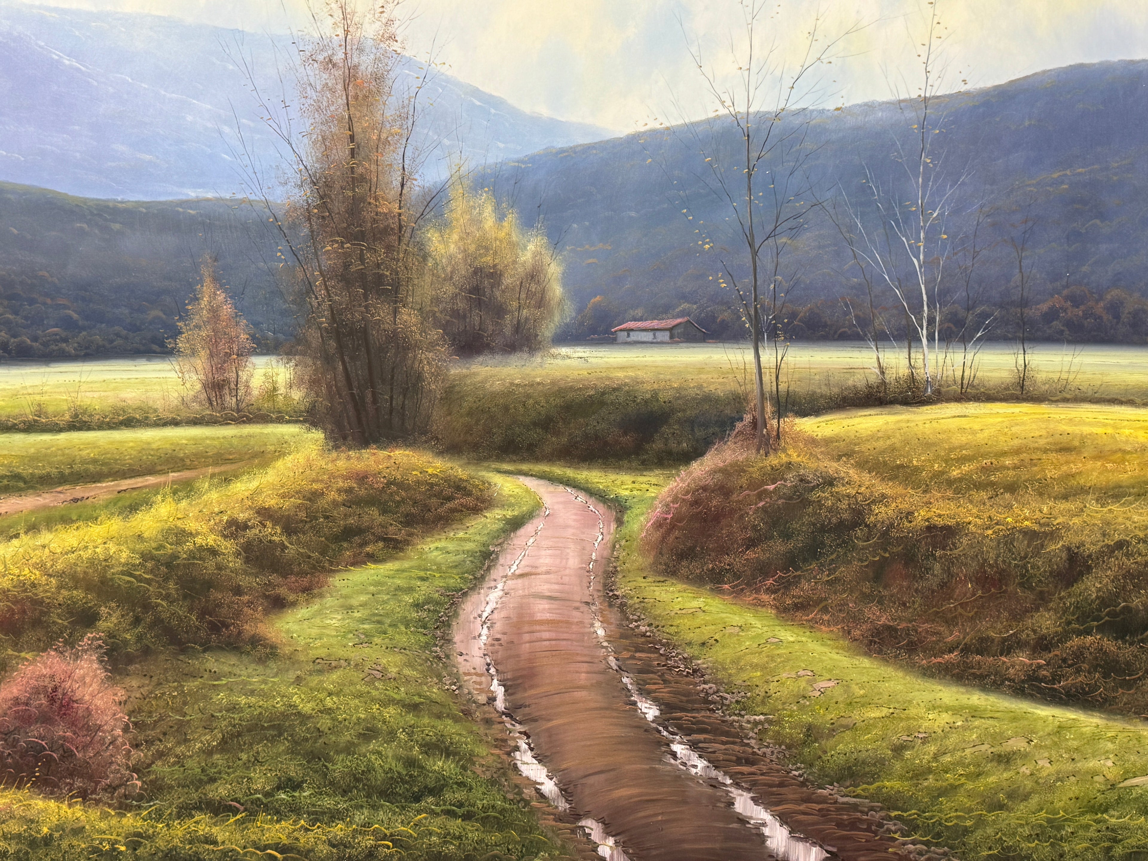 Rural Landscape by Tomas Trillo, Original Oil on Canvas Matted & Framed, 80" X 51", Signed with Certificate of Authenticity