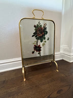 Antique Victorian, Art Nouveau, Rose Painted Brass Mirrored Fireplace Screen